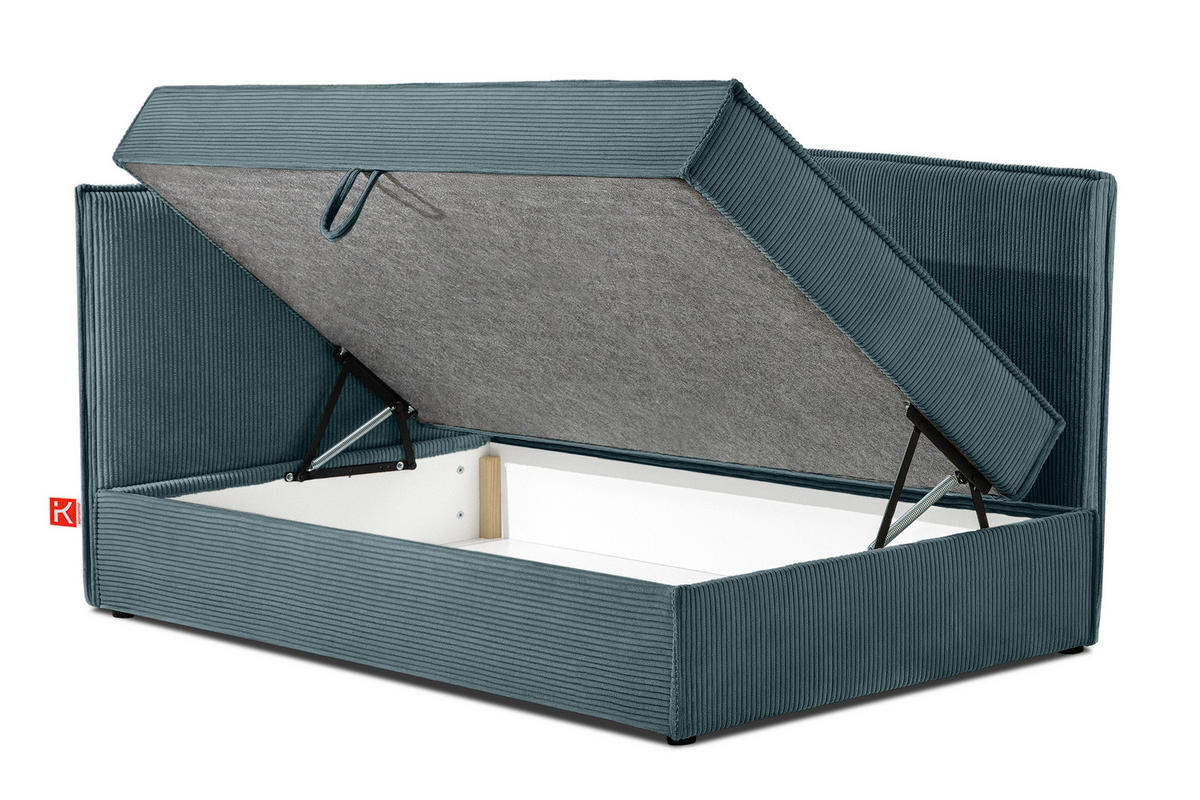 JUGENDBETT ROTI Einzelbett mit Bettkasten, 90x200cm, Bett mit Bonellmatratze, mit Rückenlehne - Blau/Schwarz, Holz/Holzwerkstoff (92/200cm) - KONSIMO®