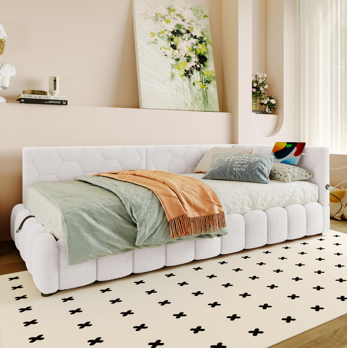POLSTERBETT 90/200 cm Weiß mit Bettkasten, LED-Beleuchtung und USB - Weiß, Textil (90/200cm) - Flora Grace