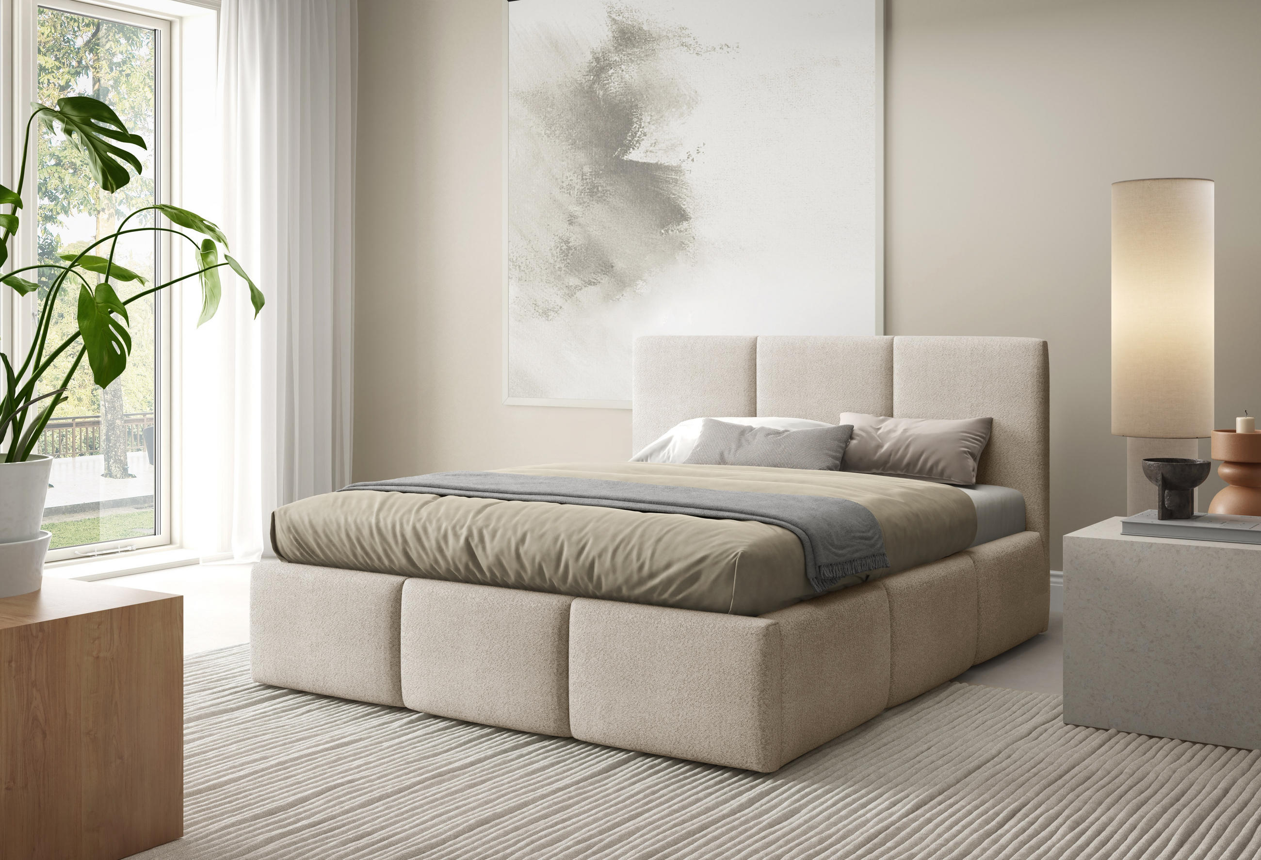 POLSTERBETT VALERIO mit Bettkasten, Bett 180x200,Doppelbett,Lattenrost,Boxspringbett-Optik,ohne Matratze,Schlafzimmer-Beige - Beige, Holz (180/200cm) - Furnistar