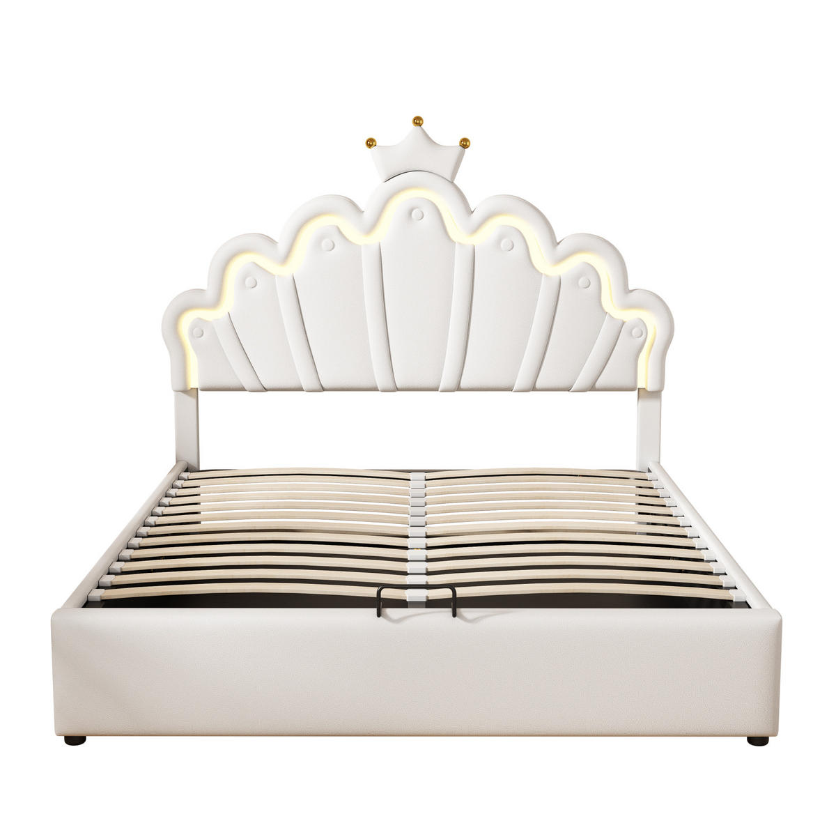 TAPECIRANI krevet 140/200 cm bijeli od PU umjetne kože s LED rasvjetom i spremištem - bijela, plastika (140/200cm) - OKWISH