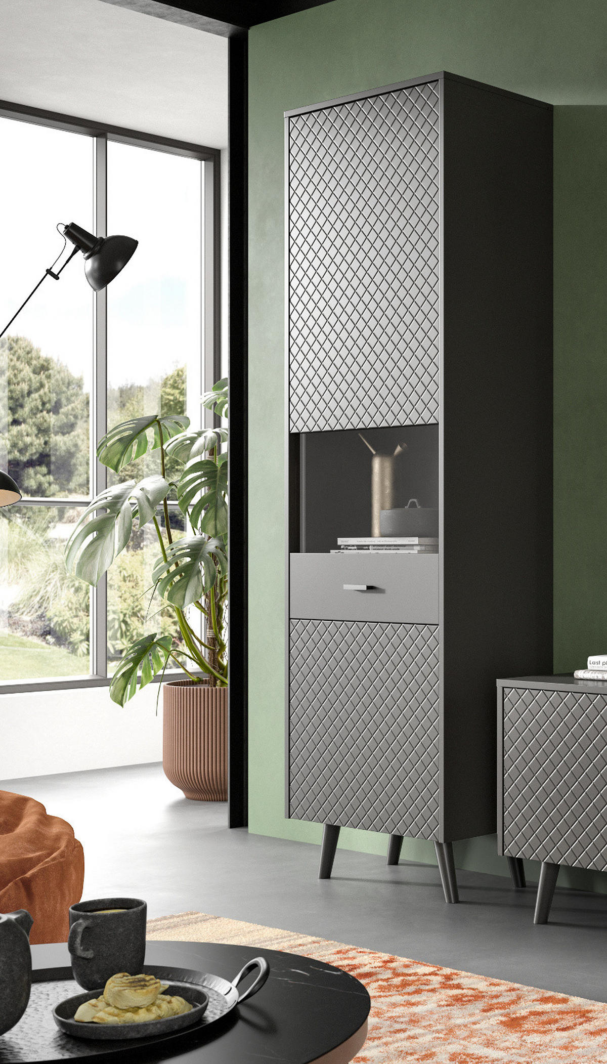 VITRINE grau matt 58 x 195 cm, Vitrinenschrank mit Struktur - Schwarz/Grau, Glas/Holzwerkstoff (58/195/37cm) - Inn.Furn