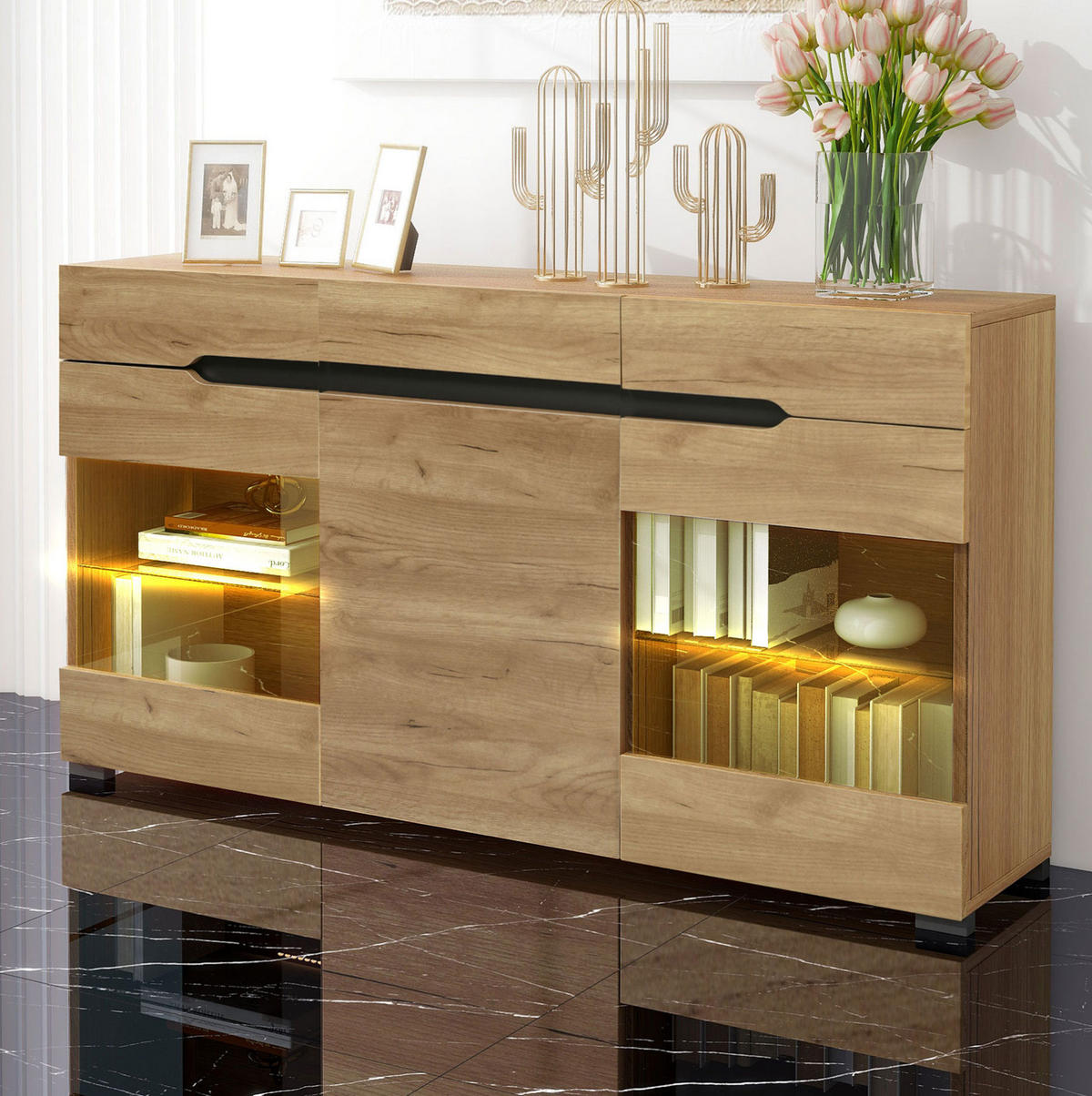 SIDEBOARD aus Spanplatte 140x35x80 cm Eiche mit LED-Beleuchtung, 3 Türen und 3 Schubladen - Eichefarben, Holzwerkstoff (140/80/35cm) - IVMEU