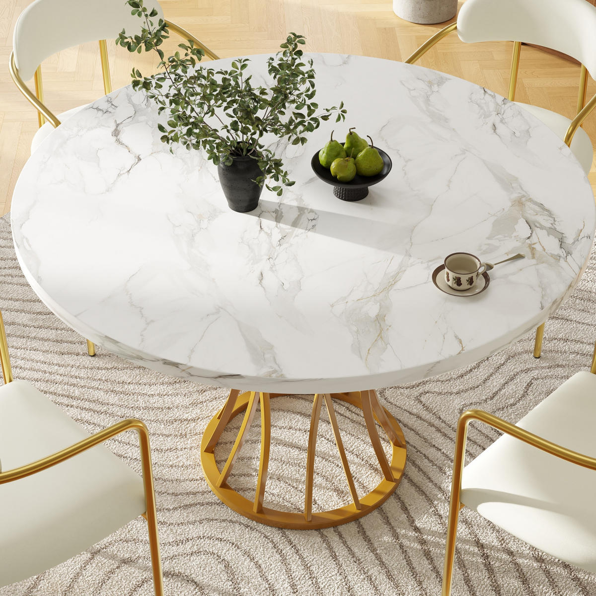ESSTISCH 80x80x76 cm in Weiß und Gold aus MDF mit Marmoroptik auf goldenen Metallbeinen - Goldfarben, Holzwerkstoff (80/80/76cm) - Modfu