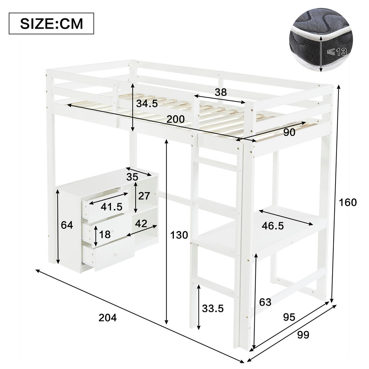 HOCHBETT mit Schreibtisch 90x200 cm Weiß mit Schrank und Regal - Weiß, Holz (90/200cm) - Meubliv