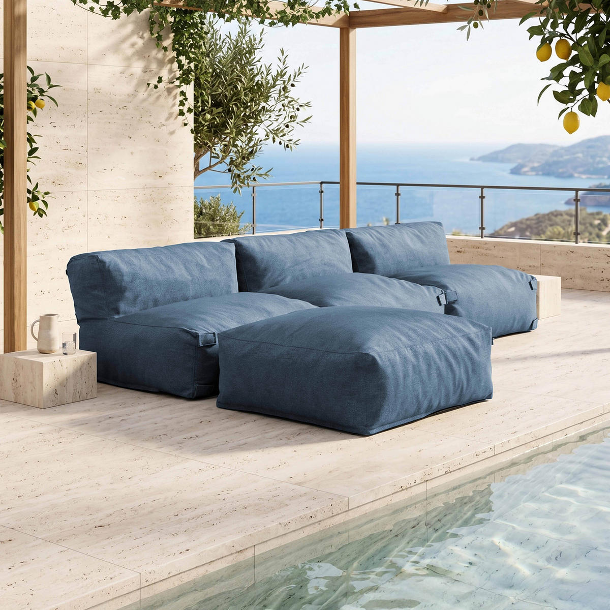 GARTENSOFA mit 4 Sitzplätzen, Pazifikblau - Blau, Textil - Oviala