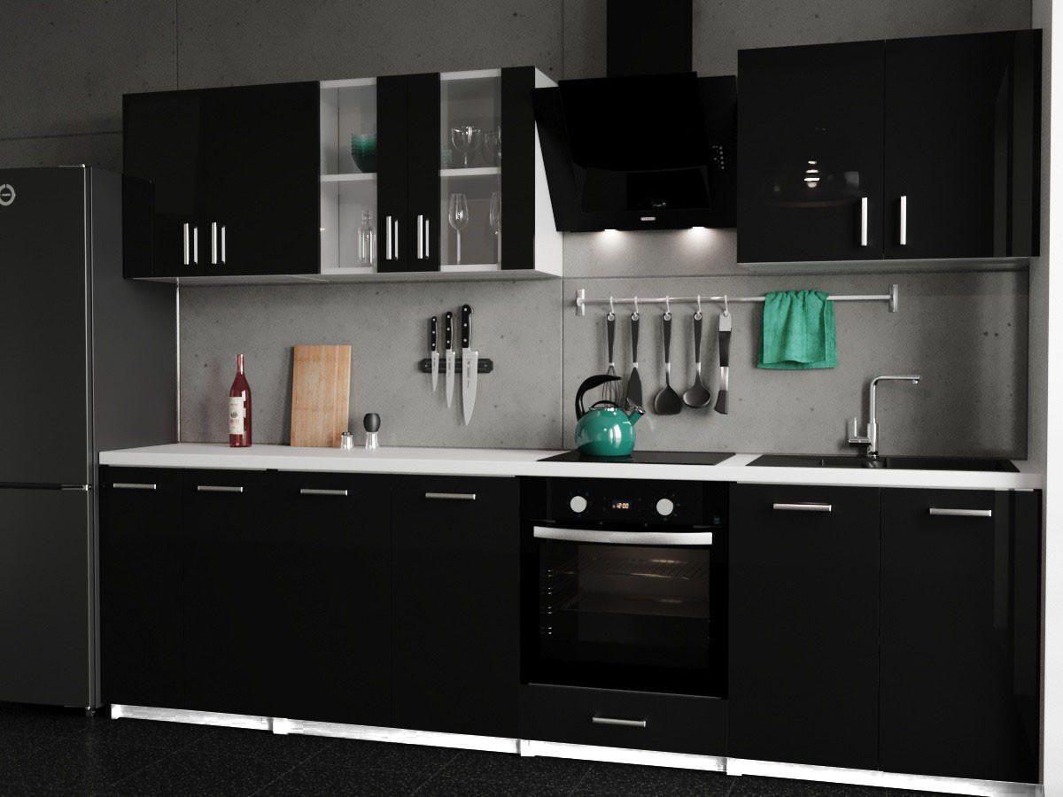 KÜCHENZEILE LECO 280 schwarz glanz - Schwarz Hochglanz, Holzwerkstoff (280/82/46cm) - roe furniture