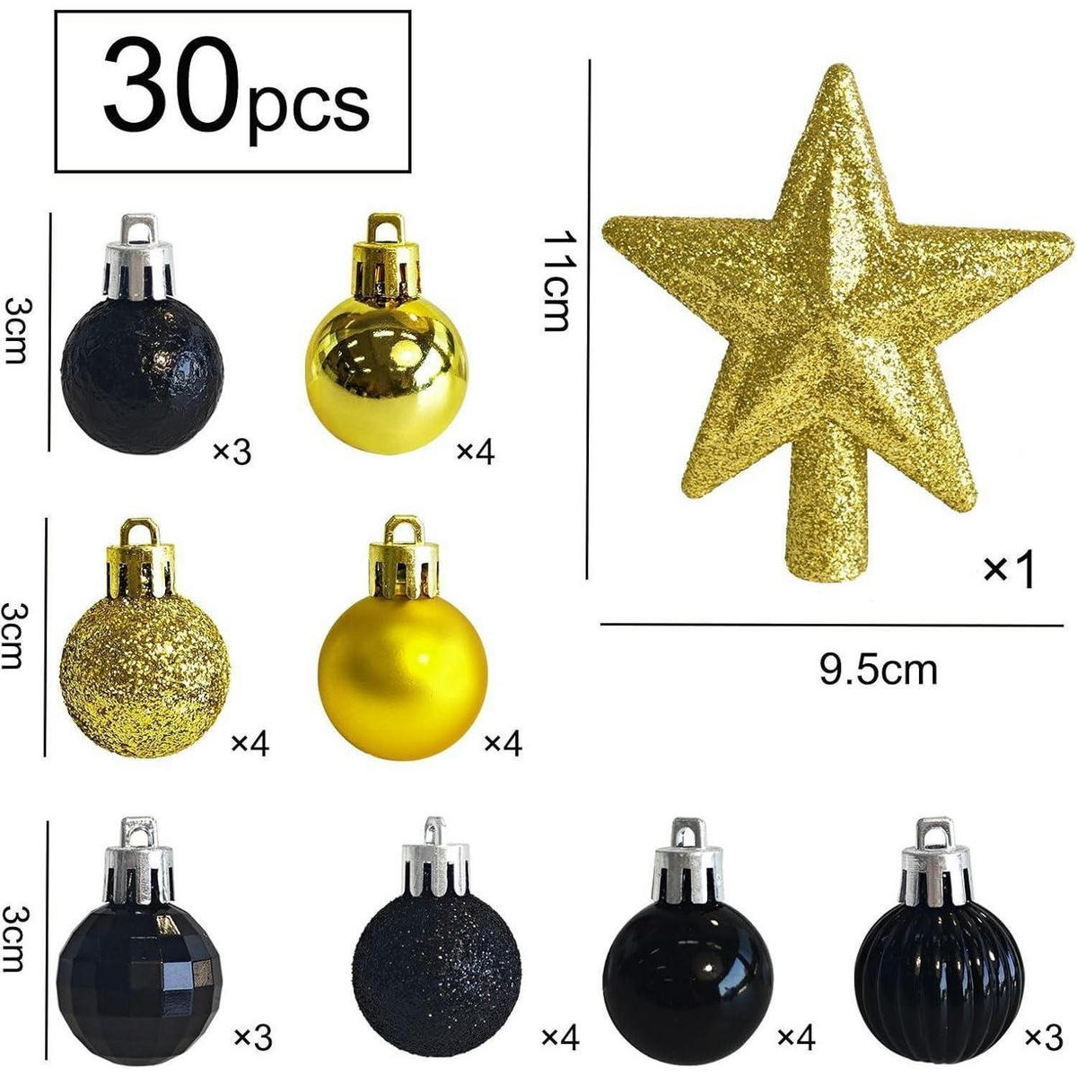 WEIHNACHTSKUGELN 30-teiliges Set Schwarz Gold 3 cm - Multicolor, Kunststoff (3/3/3cm)