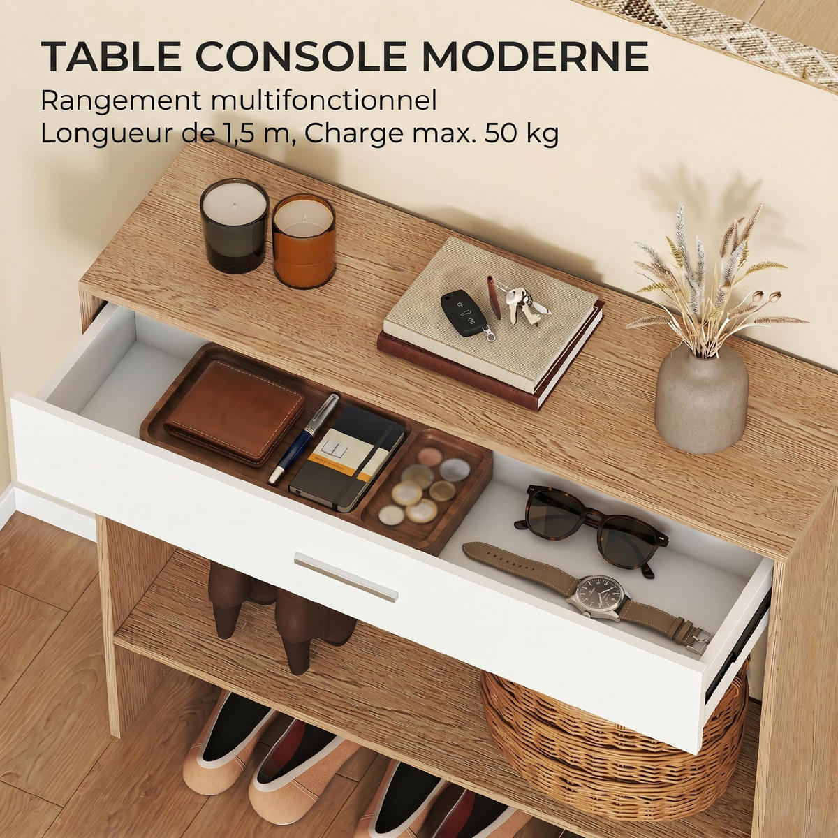 KONSOLENTISCH DE-16824 1 Schublade + Ablage, 91,5 cm Eiche - Eichefarben, Holzwerkstoff (91.5/27.9/85.5cm) - ComfortXL