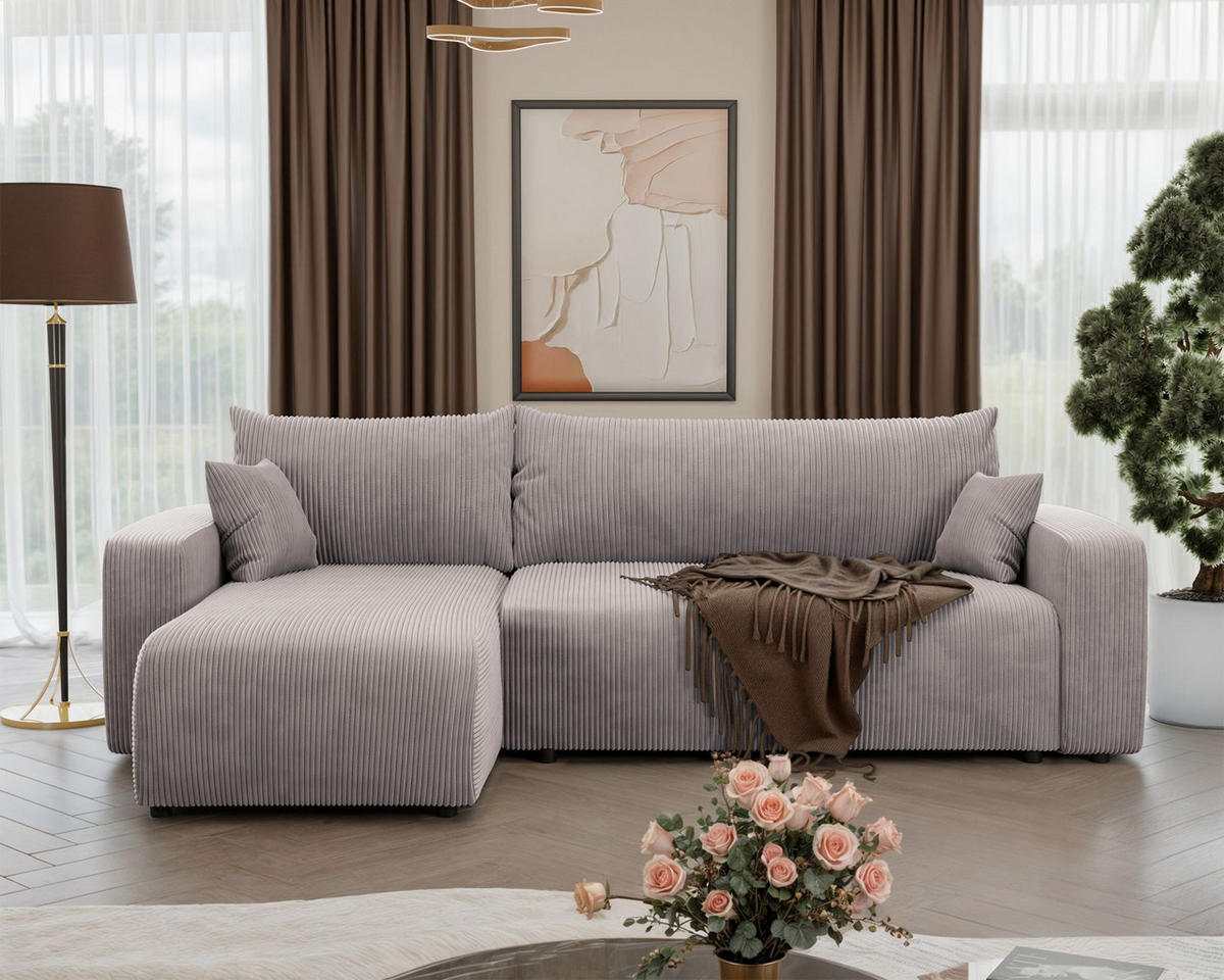 ECKSOFA Pianoni Hellbeige Cordbezug - Ecru/Schwarz, Kunststoff/Textil (244/140cm) - Selsey