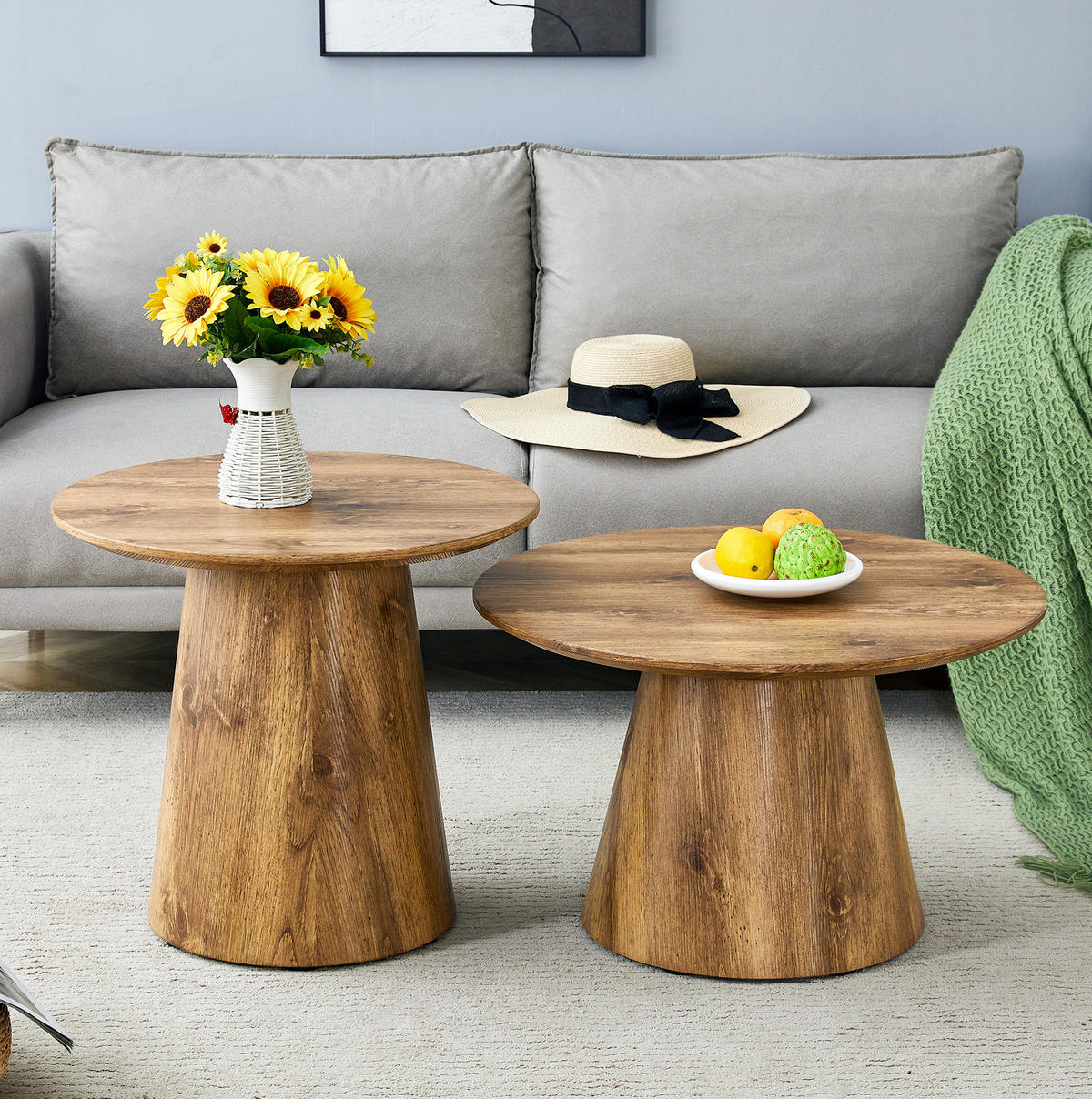 SADA konferenčních stolků 50/50/48 cm a 60/60/35 cm, 2 kulaté stolky s pevnou MDF deskou, dekor dřeva - přírodní, kompozitní dřevo (50/50/48cm) - Redom