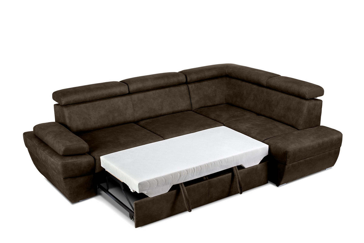 SCHLAFECKSOFA RATLO links 4/5-Sitzer mit Bettkasten in Lederoptik, braun - Silberfarben/Braun, Textil (270/190cm) - KONSIMO®