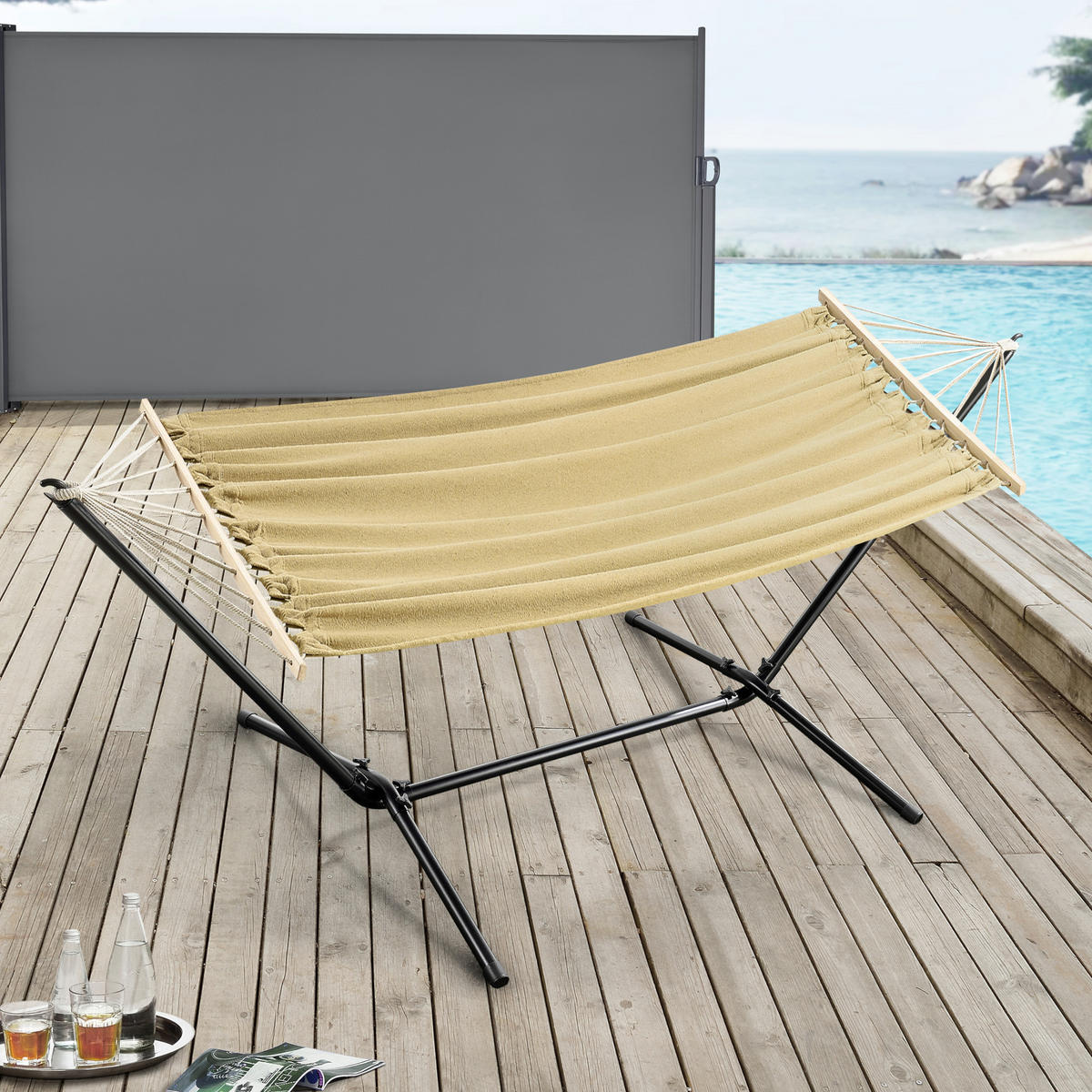 HÄNGEMATTE Surte - Beige/Schwarz, Textil/Metall (300/105/100cm) - [en.casa]