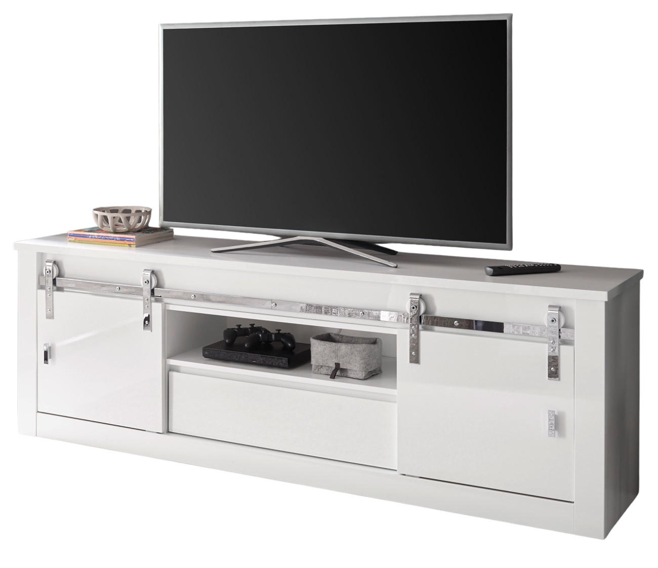 Furn.Design Tv-Lowboard Weiß Hochglanz, Chrom 201x66x43 cm