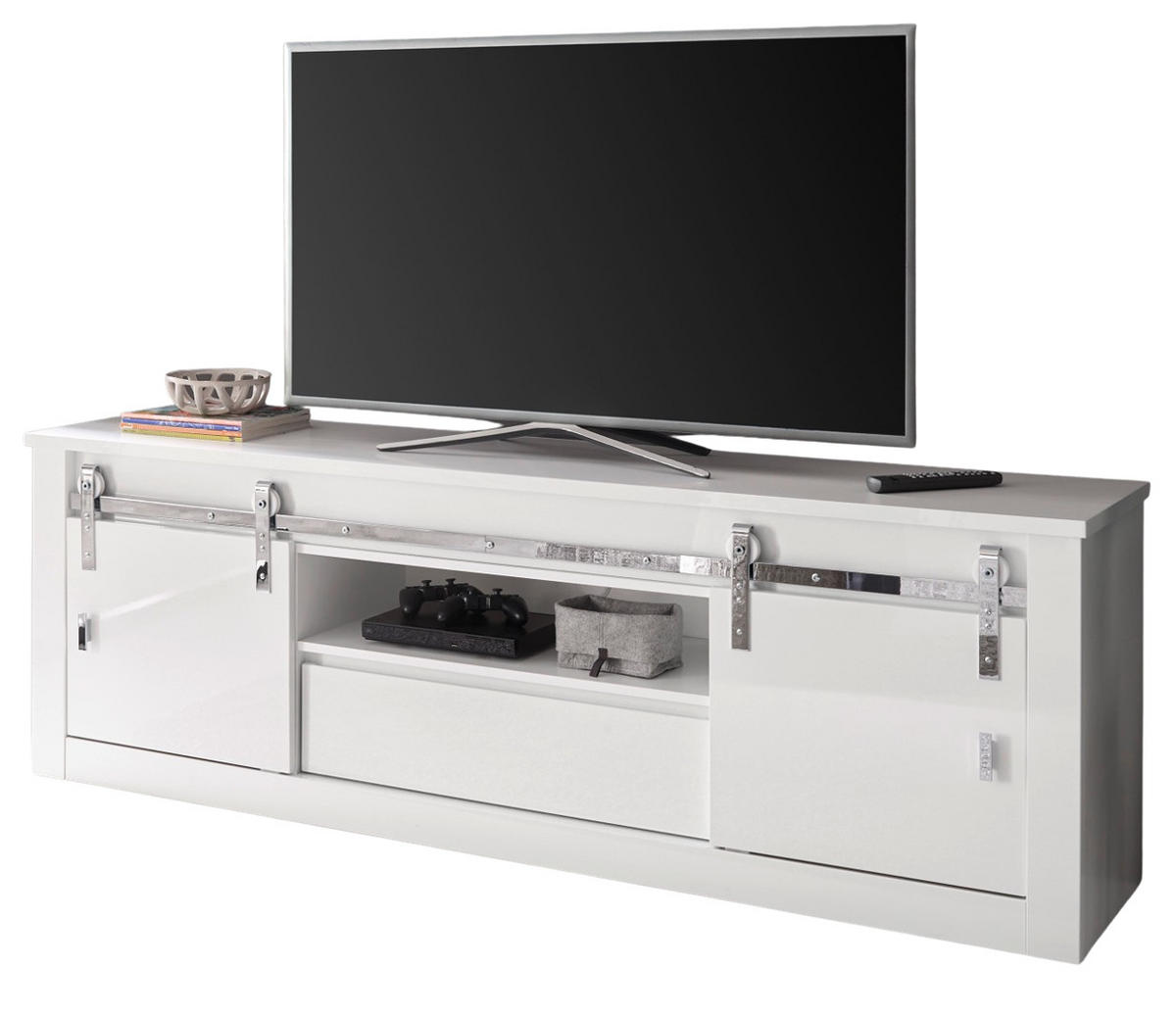 TV-LOWBOARD weiß Hochglanz 201 x 66 cm, TV Unterteil in Komforthöhe mit Soft-Close - Chromfarben/Weiß Hochglanz, Holzwerkstoff/Kunststoff (201/66/43cm) - Furn.Design