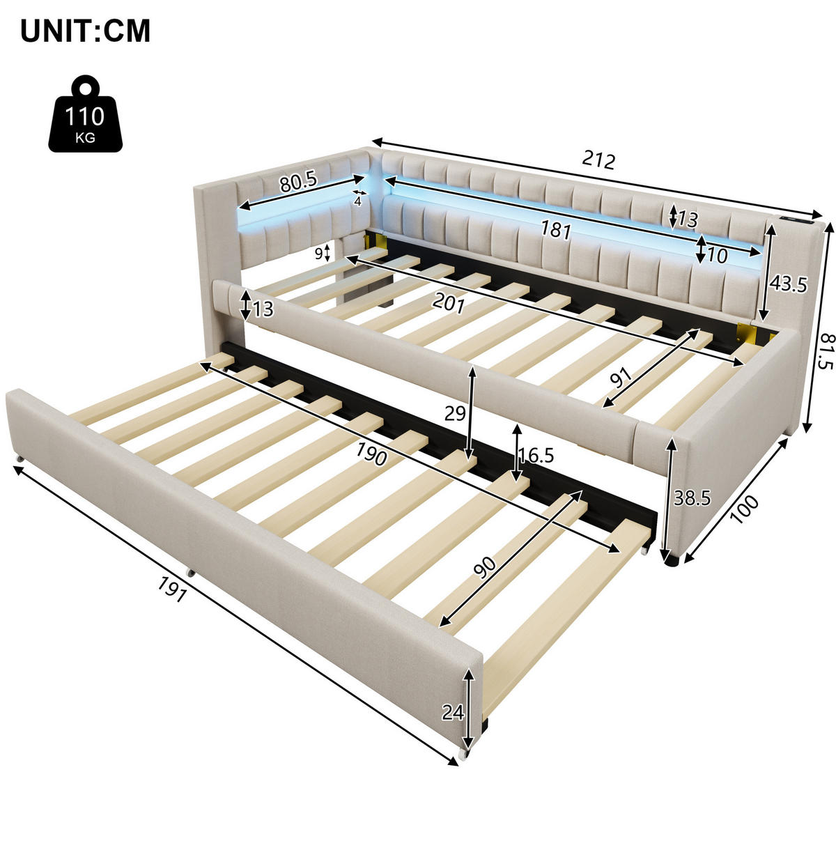 POLSTERBETT 90/200 cm aus Leinen mit LED-Beleuchtung und USB- und Type-C-Anschlüssen - Beige, Textil (90/200cm) - Flora Grace