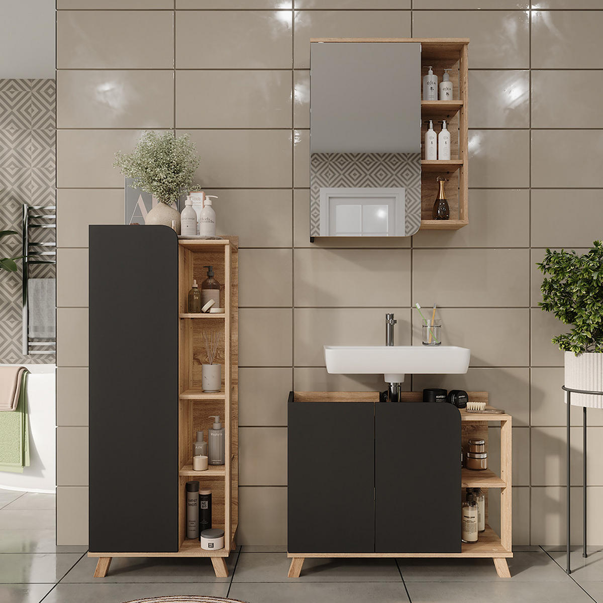 BADMÖBEL-SET Karen Sonoma/Anthrazit 3 Teile - Anthrazit, Holzwerkstoff (80/65/35cm) - Vicco