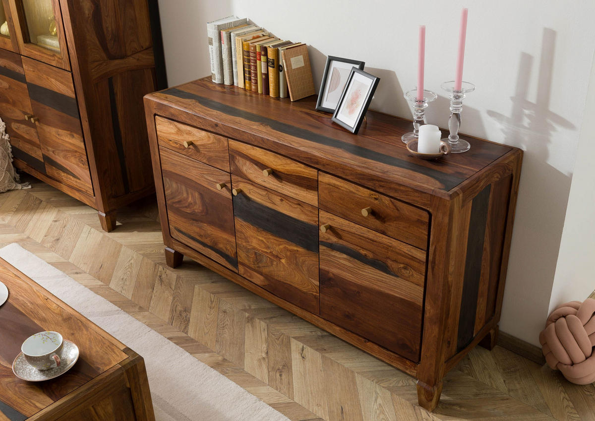 SIDEBOARD Sheesham 140x45x80 dunkelbraun lackiert ANCONA #222 - Dunkelbraun, Holz (140/80/45cm) - Massivmoebel24
