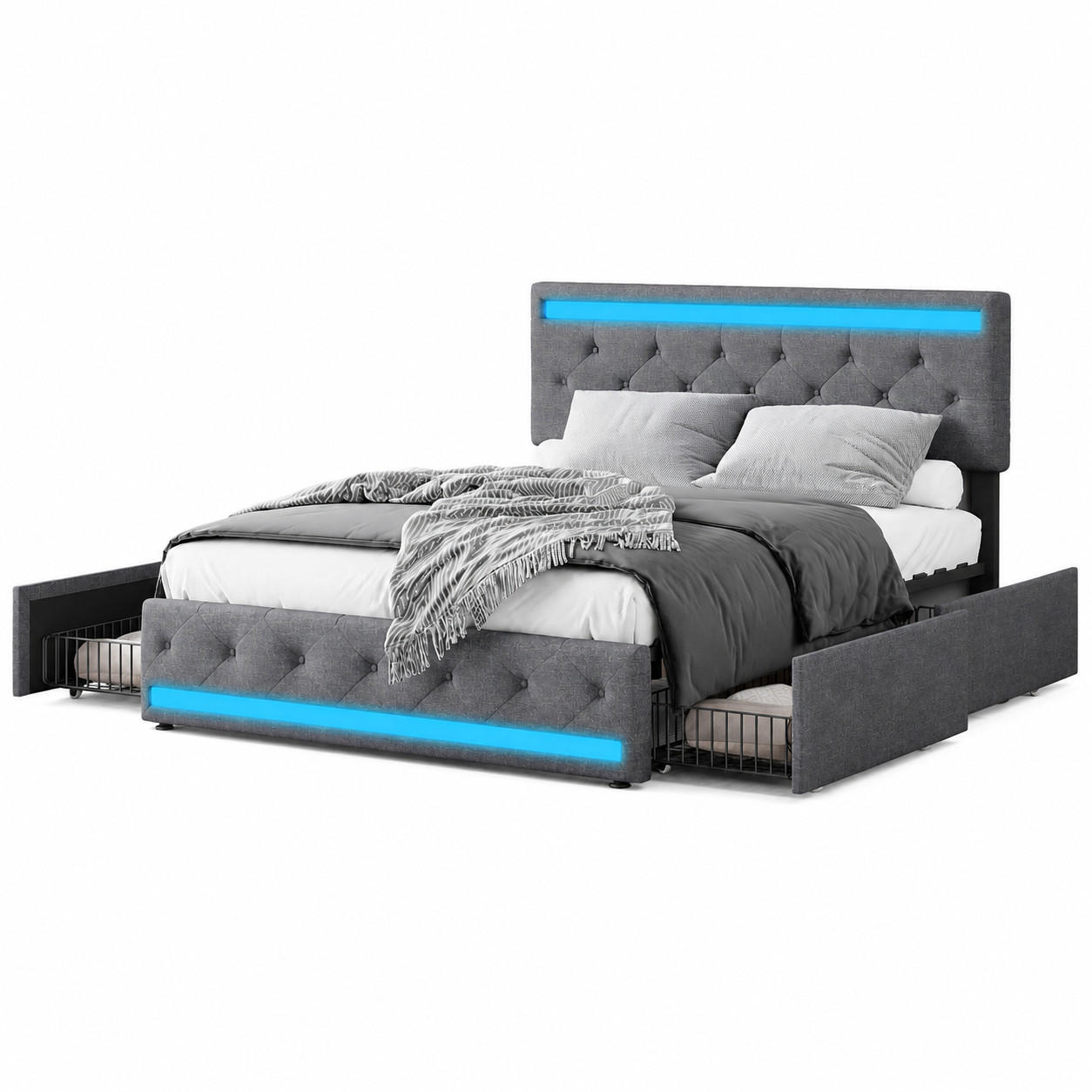 POLSTERBETT 140/190 cm mit LED-Beleuchtung und seitlichen Schubladen zur Aufbewahrung, gestepptes Stoffbett mit Schubladenstauraum, Bettgestell - Grau, Holz/Metall (140/190cm) - Joyfair