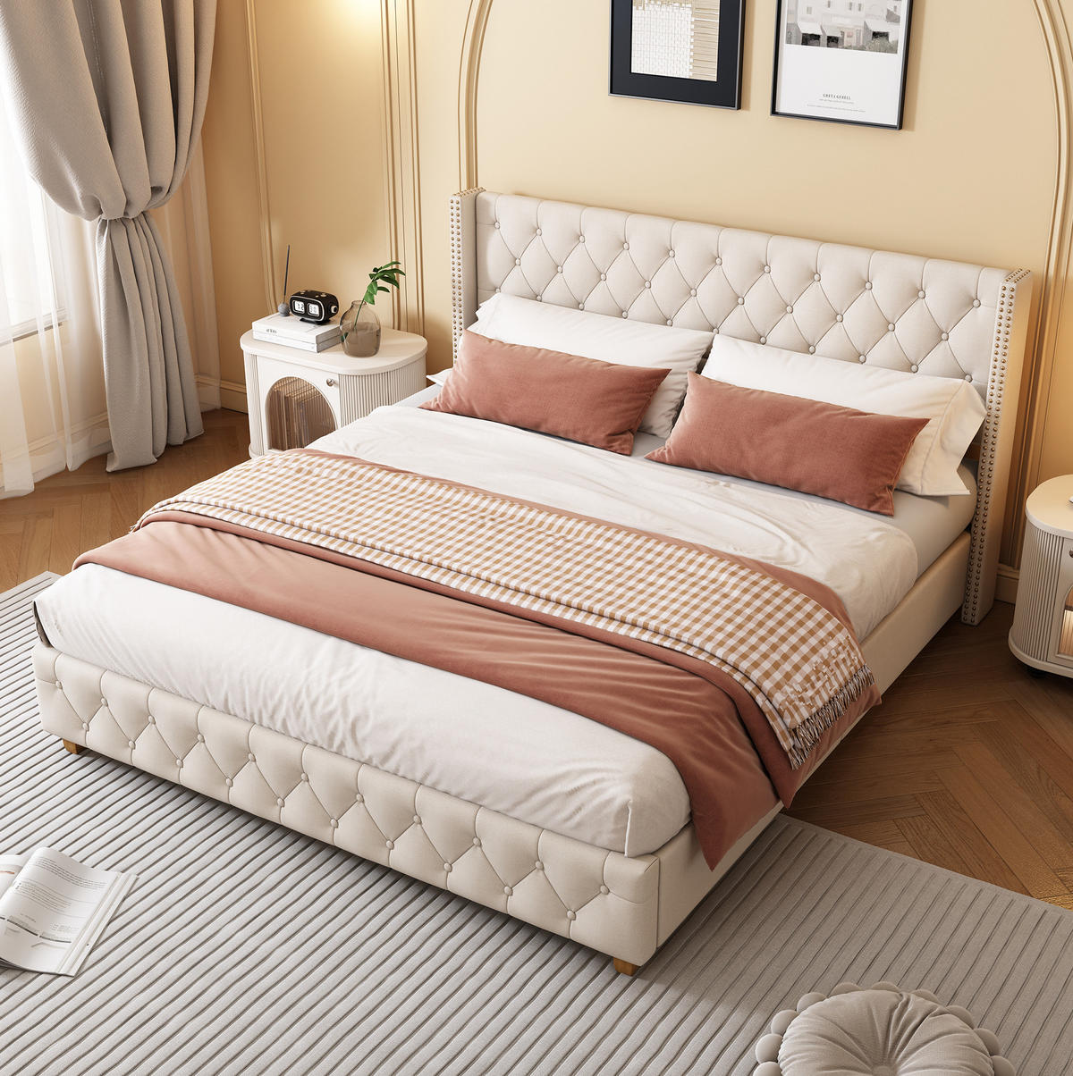 POLSTERBETT 180/200 cm Beige mit Lattenrost und Nietenverzierungen - Weiß, Textil (180/200cm) - OKWISH