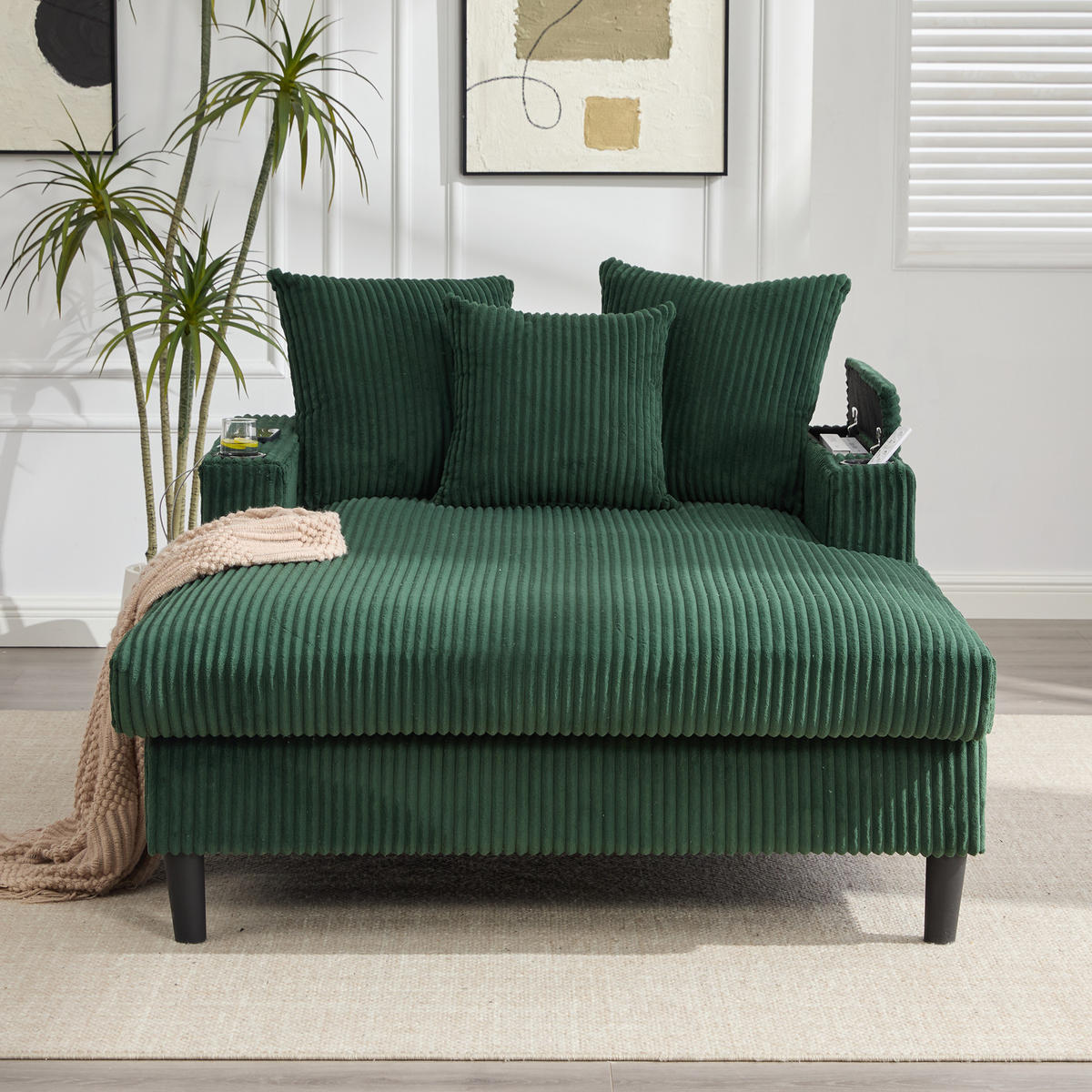 CHAISELONGUE Cord Smaragdgrün mit LED, Stauraum, USB und Becherhaltern - Smaragdgrün, Kunststoff/Textil (129/70/170cm) - WISHDOR