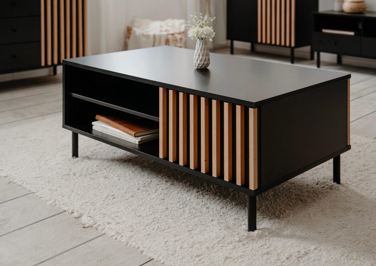 COUCHTISCH schwarz, Eiche 110 cm, Wohnzimmertisch mit Stauraum - Schwarz/Eiche Artisan, Holzwerkstoff/Metall (67/110.5/47cm) - Furn.Design