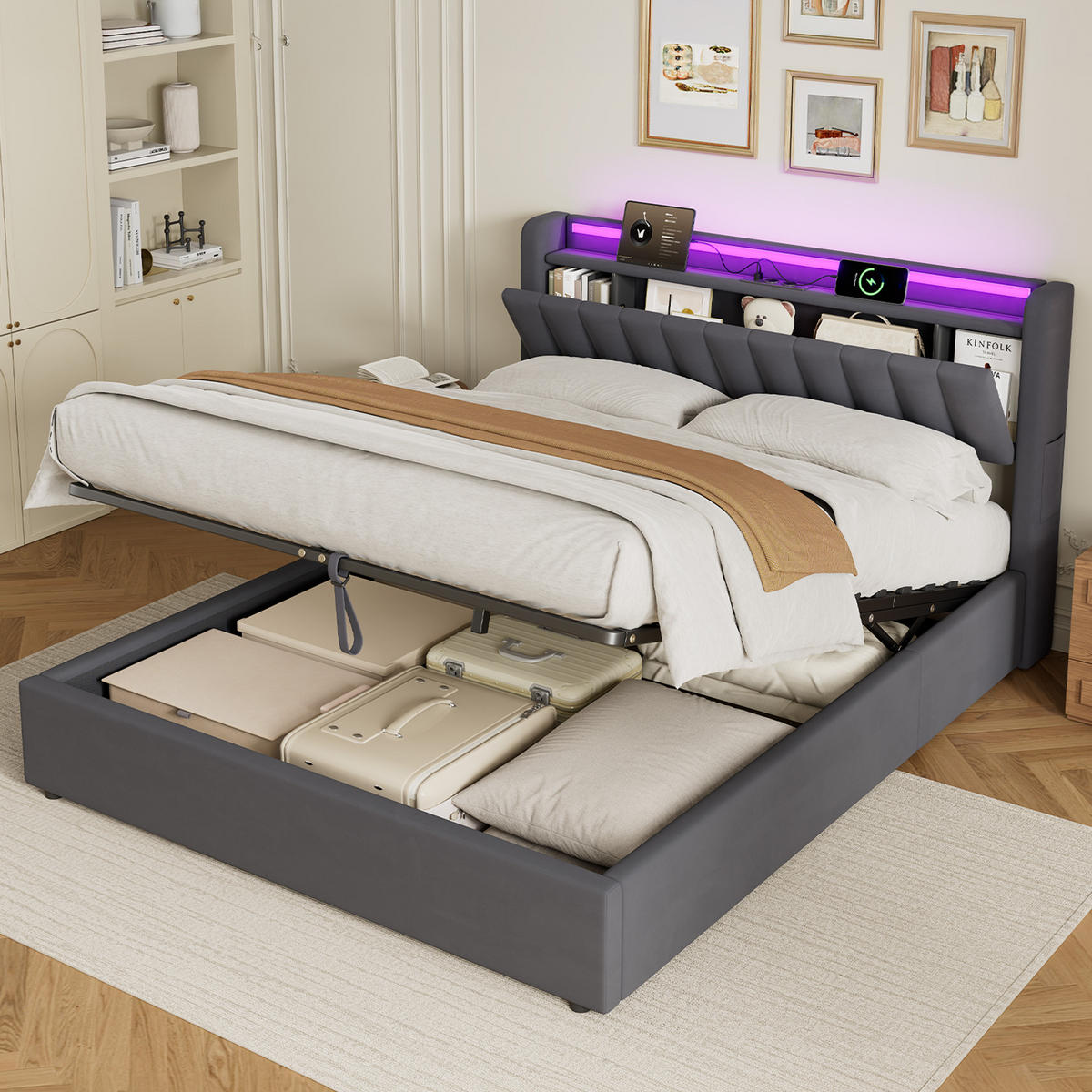 POLSTERBETT 160/200 cm in Grau, mit Bettkasten, Matratze, Stauraum, USB und LED Beleuchtung - Grau, Holzwerkstoff/Textil (160/200cm) - WISHDOR