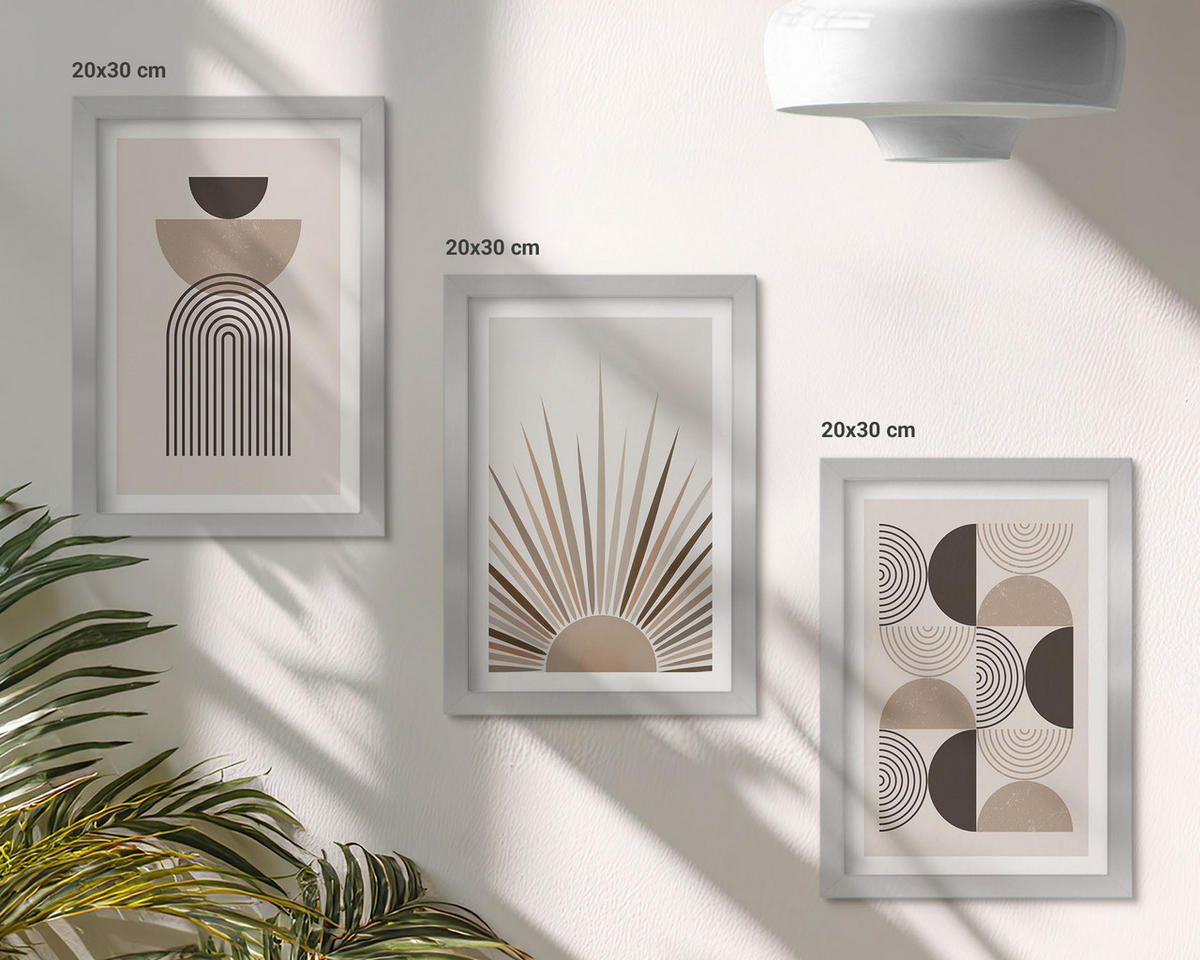 WANDBILDER 3er Set - 20x30 cm Silberner Rahmen - Abstrakte Formen beige braun - Silberfarben, Kunststoff (20/30cm) - ArtPrintCave