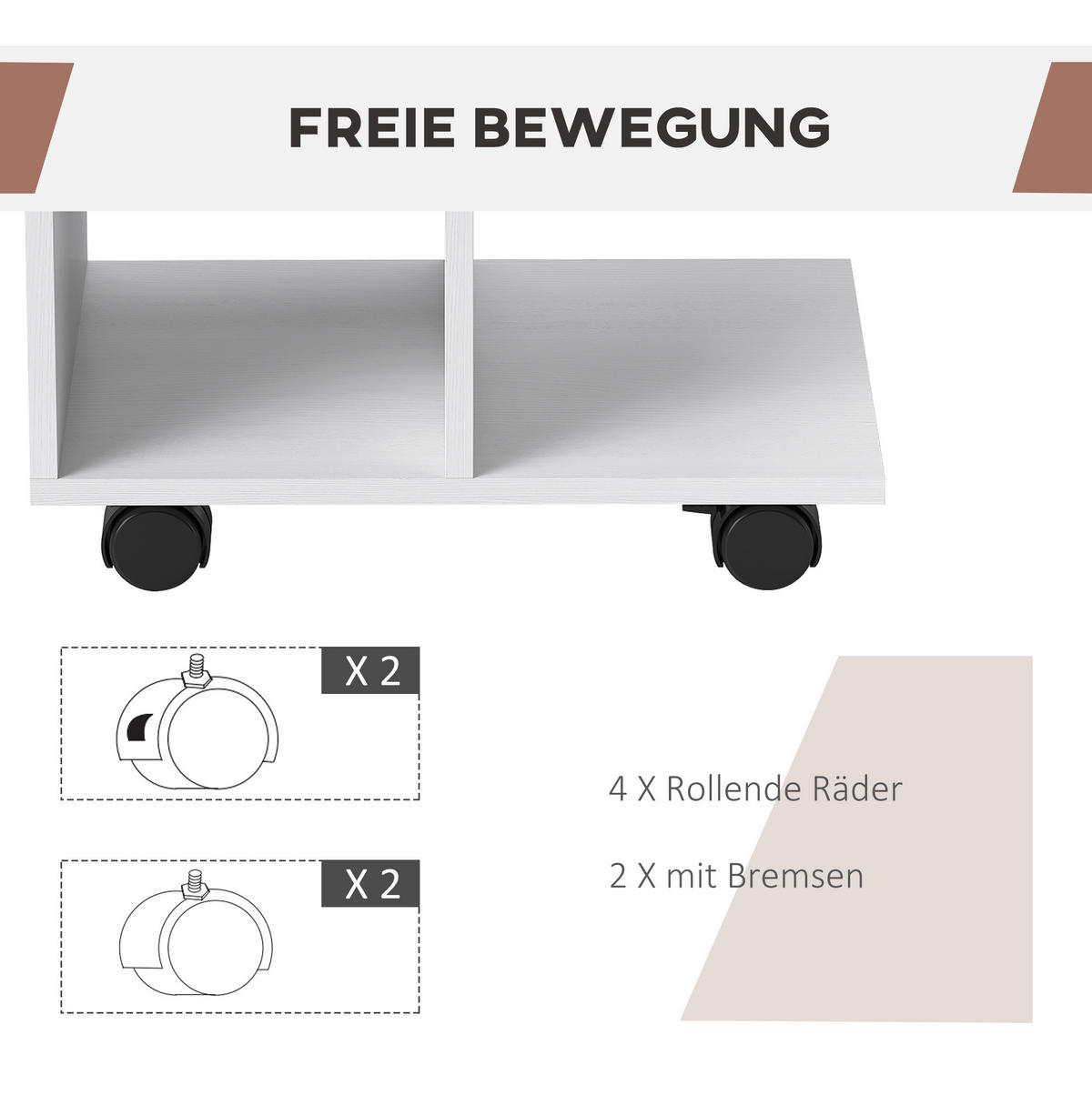 BEISTELLTISCH 45/35/58 cm mit Rollen, C-Form und Stauraum, Weiß - Weiß, Holzwerkstoff (45/35/58cm) - Redom