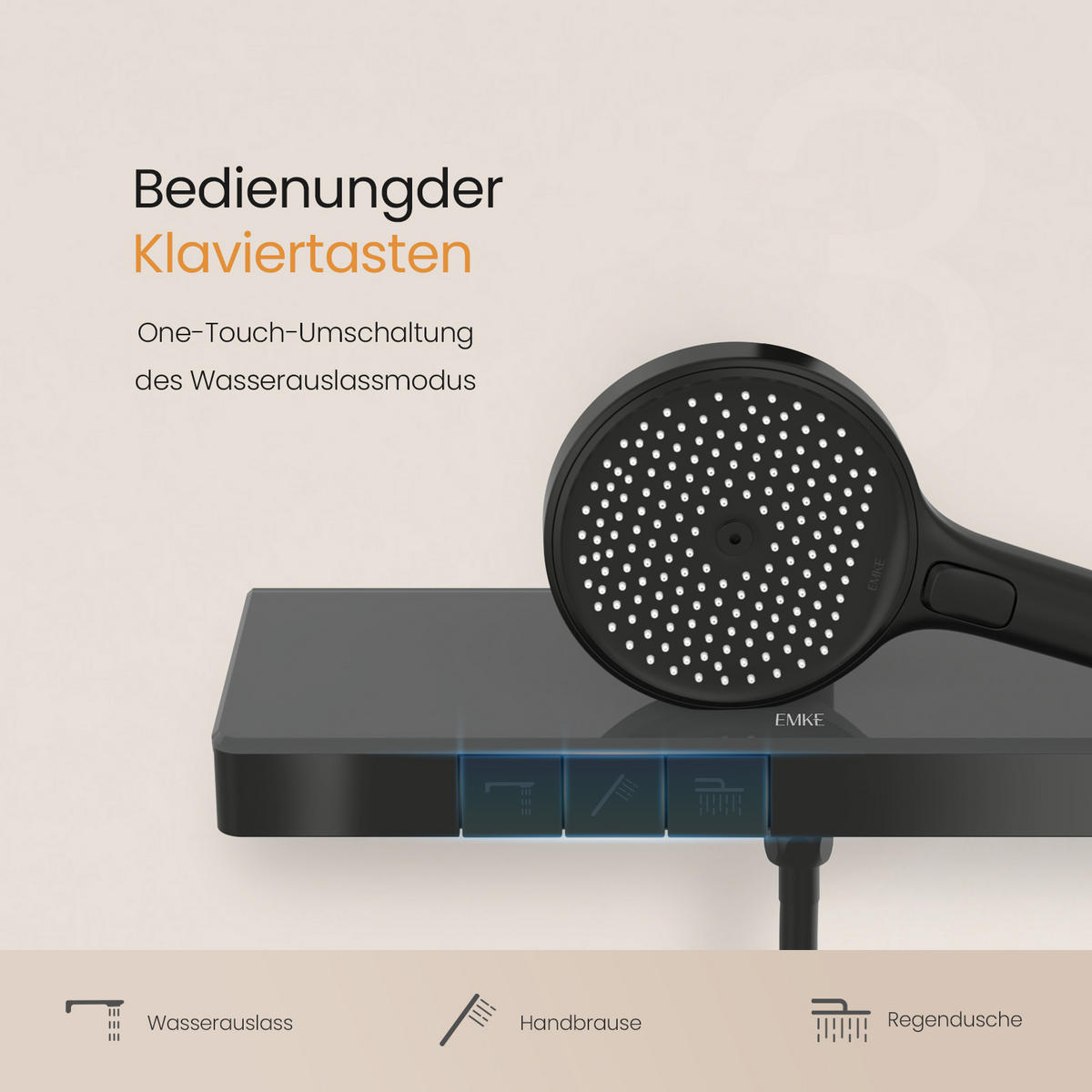 ÜBERKOPFBRAUSESET mit Thermostat Drei Wasserauslassmethoden Schwarz - Schwarz, Metall (13.5/106/44.6cm) - EMKE