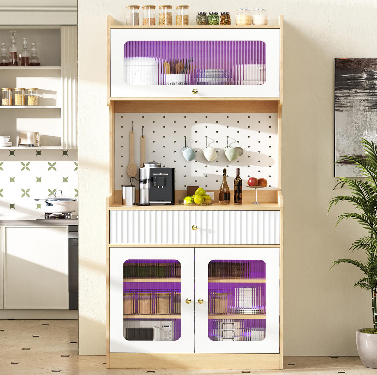 HIGHBOARD 80/40/180 cm in Natur/Weiß mit LED und Riffelglas - Naturfarben, Holzwerkstoff (80/180/40cm) - BEAOK