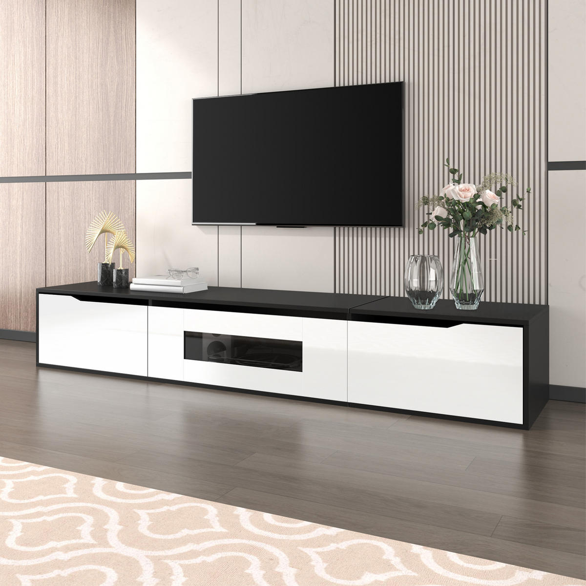 TV LOWBOARD 180cm Hochglanz Schwarz Weiß LED USB Farbwechsel modern - Schwarz, Holzwerkstoff (35/30/180cm) - FLIEKS