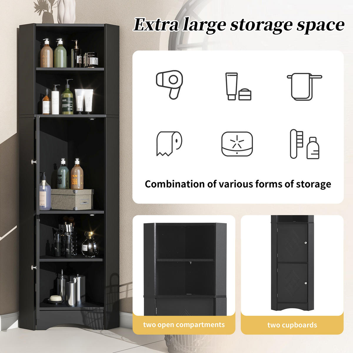 HOCHSCHRANK Schwarz Eckschrank mit verstellbarem Einlegeboden 36,5/36,5/155 cm - Schwarz, Holzwerkstoff (36.5/155/36.5cm) - PANGIVO