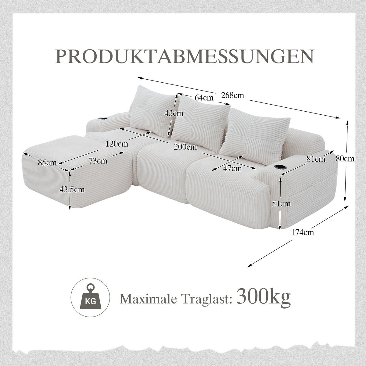 MODULARES 3-Sitzer Sofa Cordstoff mit Getränkehalter und Seitentasche 268/174/80 cm Beige - Beige, Textil (174/268cm) - Redom