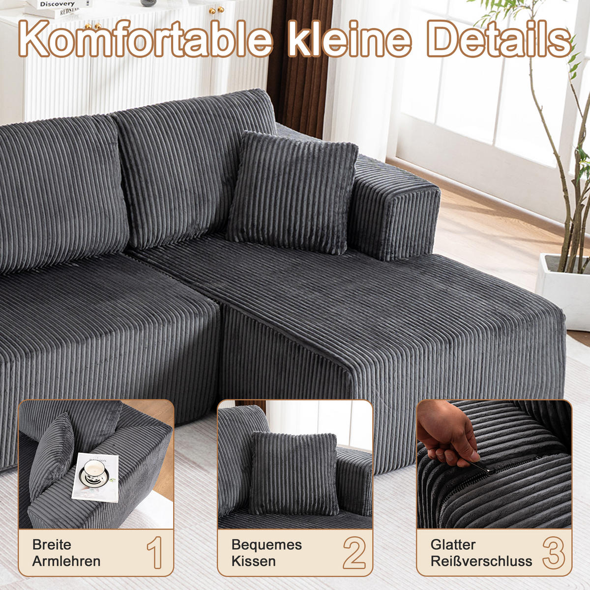 WOHNLANDSCHAFT Cord Grau mit Schlaffunktion und mit Kissen - Grau, Textil (332/88/156cm) - WISHDOR