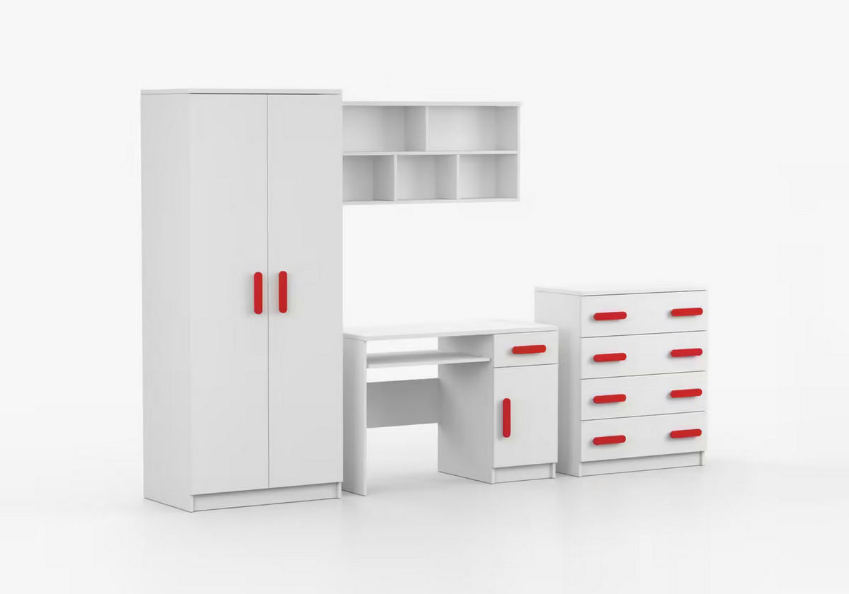 JUGENDZIMMER Elora in Weiß – 4-teiliges Set mit Schreibtisch, Kommode, Wandregal und Schrank – Grifffarbe Rot - Weiß, Holzwerkstoff (80/200/120cm)