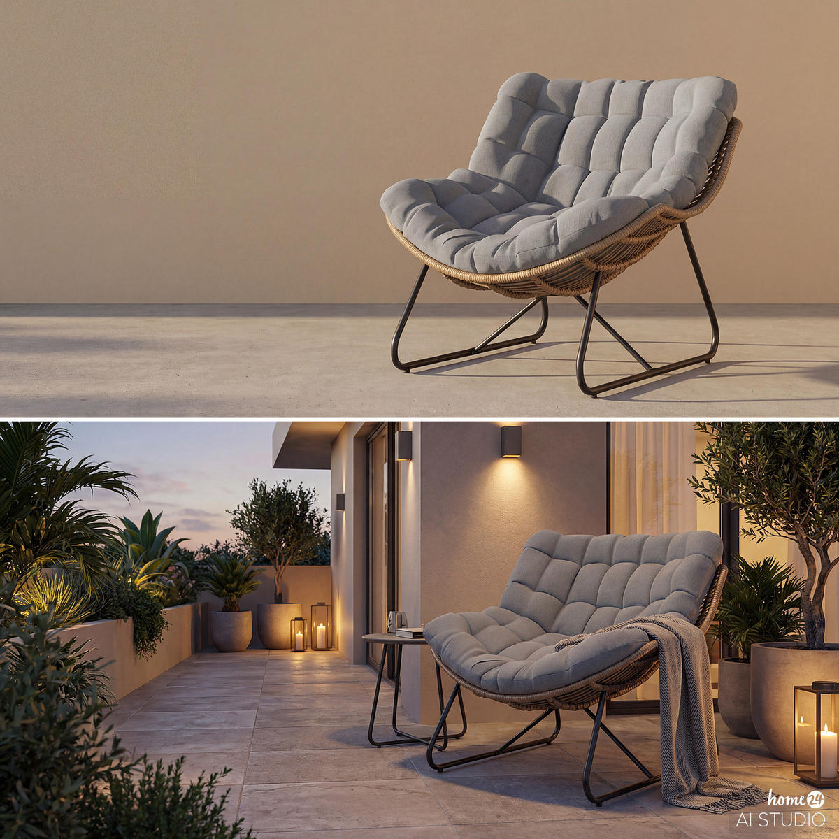 GARTENSESSEL MIT SITZKISSEN - Polyrattan / Polyester - Schwarz/Grau, Kunststoff/Textil (97/84/111cm) - home24