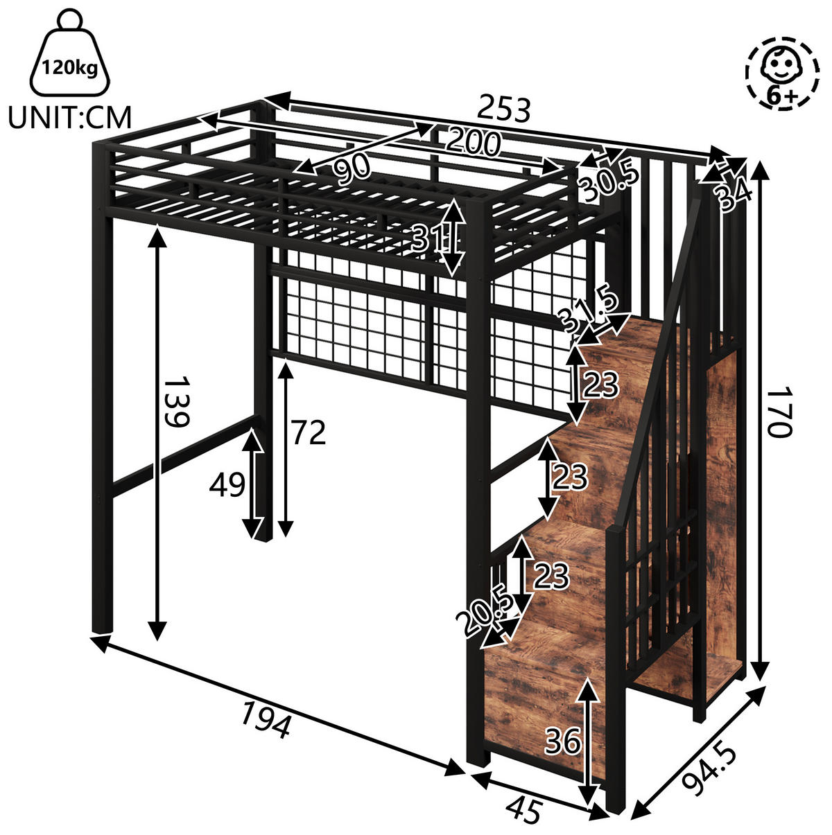 HOCHBETT 90/200 cm aus Metall/MDF mit Stauraumleiter, Kleiderschrank und LED-Beleuchtung Schwarz - Schwarz, Metall (90/200cm) - Modenvie