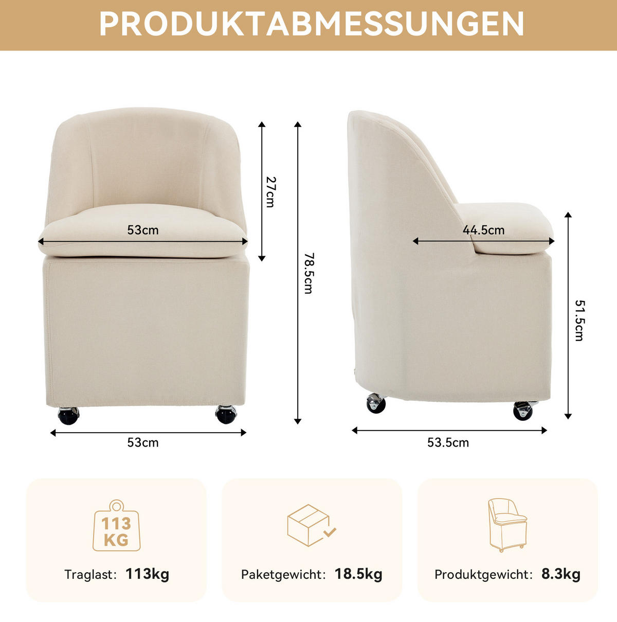 ESSZIMMERSTUHL 2er-Set mit Rollen Beige Chenille - Beige, Metall (53/78.5/53.5cm) - Meubliv