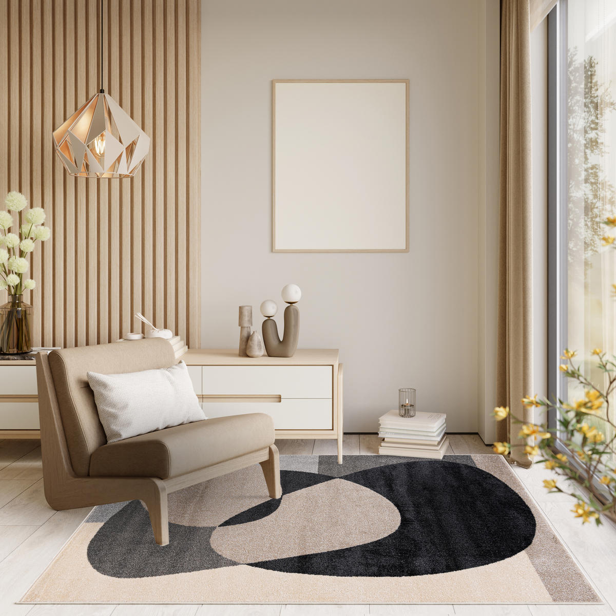 TEPPICH Beige Geometrisch In-Outdoor Pflanzlich Kurzflor Rechteckig 120 x 170 cm - Beige/Schwarz, Textil (120/170cm) - Mazovia