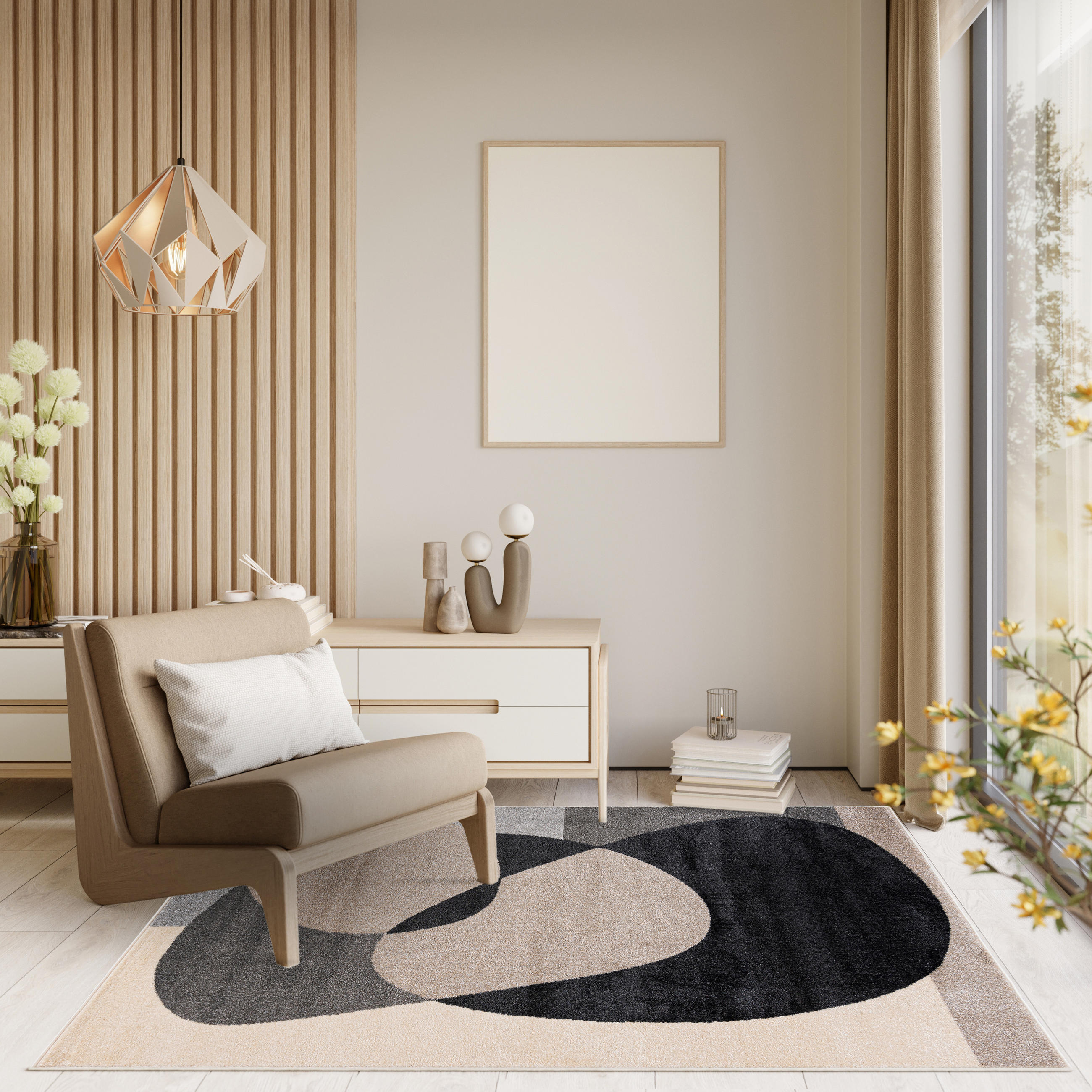 Thumbnail - Mazovia Teppich, Schwarz, Beige, Textil, Abstrakt, Rechteckig, 80x150 cm, Oeko-Tex® Standard 100, für Fußbodenheizung ge...