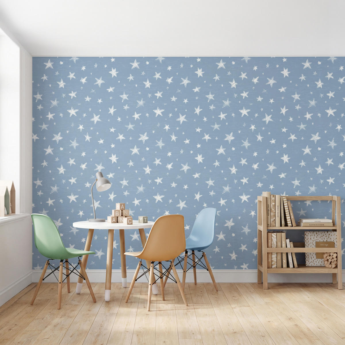 KINDERTAPETE - Sterne - Muster - Blau - 350x220 cm - Hellblau, Papier (350/220cm) - OnlyWow