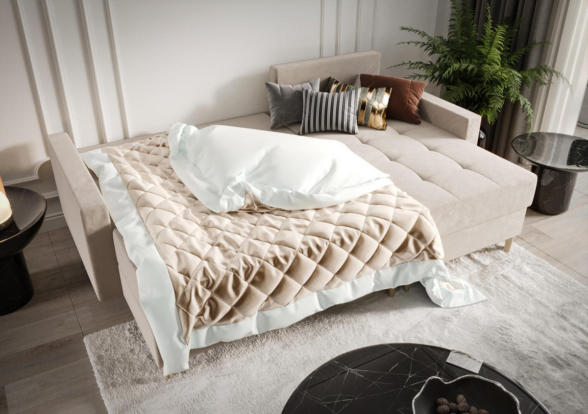 ECKSOFA BARI RN01, Eckcouch in L-Form mit Schlaffunktion, Farbe: Beige, Velourstoff, Ottomane Links - Beige, Textil (224/144cm) - O-Sofa