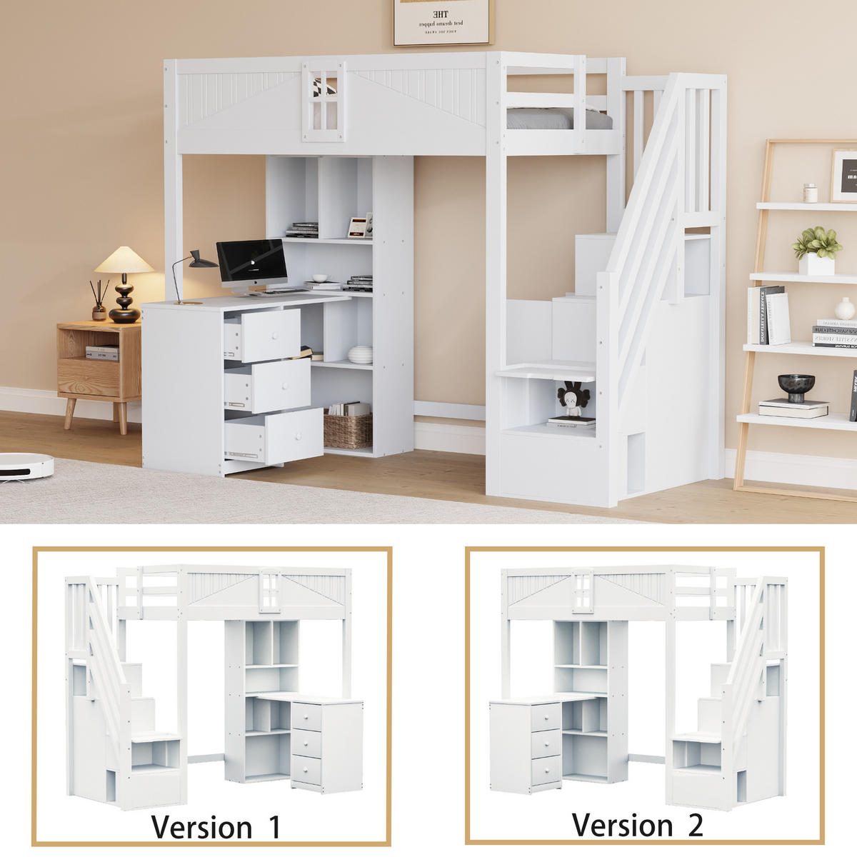 HOCHBETT 90/200 cm aus Massivholz mit integriertem Schreibtisch und Stauraum in Weiß - Weiß, Holz (90/200cm) - OKWISH