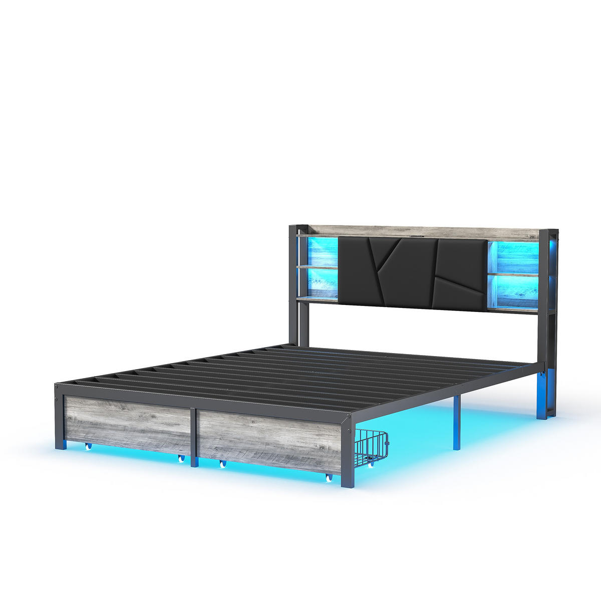 DOPPELBETT 140 x 200 cm, Kopfteil mit LED-Beleuchtung und USB-Anschlüssen, mit 2 Schubladen und Staufächern, PU - Schwarz, Holzwerkstoff - WoodenAura