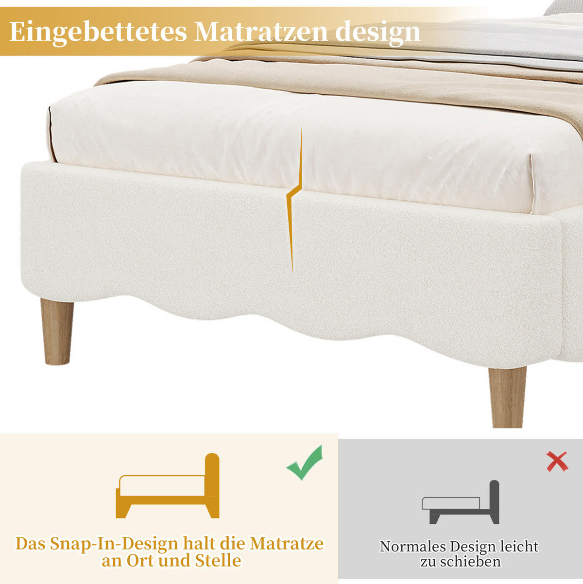 KINDERBETT 90x200 cm in Weiß mit Lattenrost und gepolstertem Bouclé-Kopfteil - Weiß, Textil (90/200cm) - IVMEU