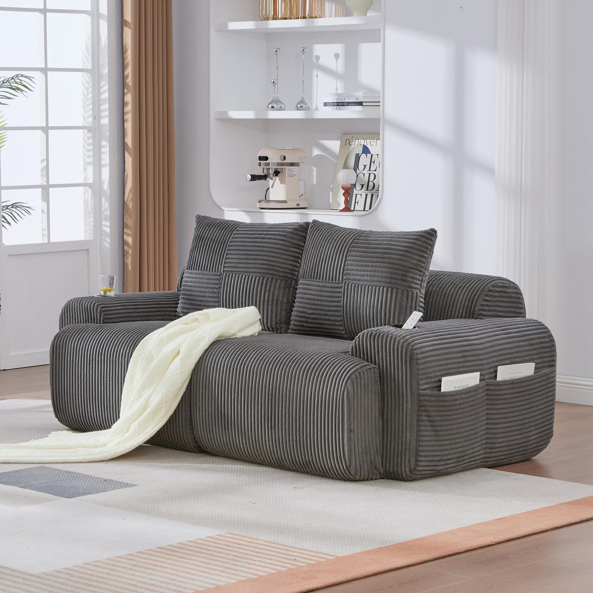 2-SITZER SOFA Cord Dunkelgrau mit Becherhalter und Aufbewahrungstasche - Dunkelgrau, Textil (200/80/99cm) - WISHDOR