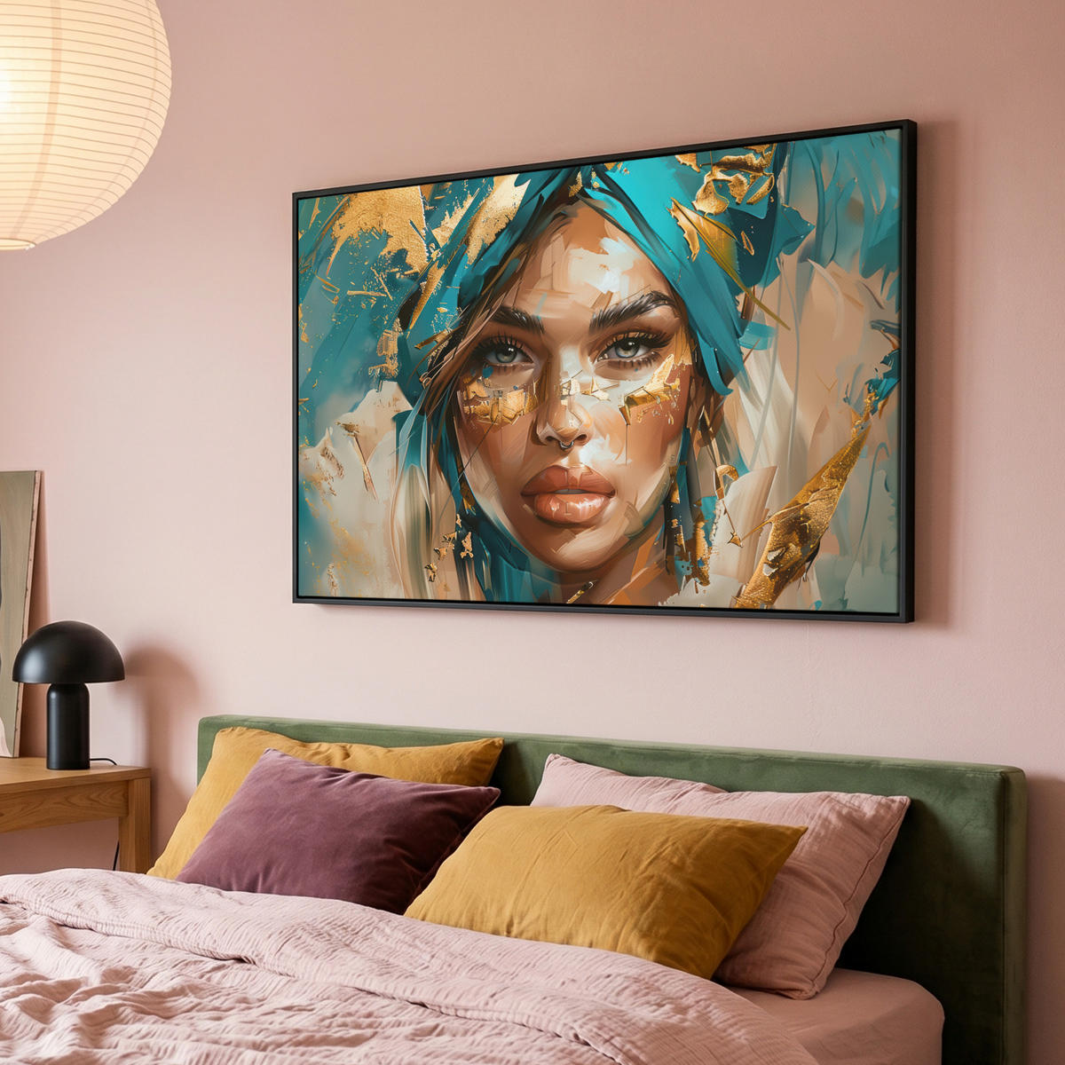 LEINWAND Bilder mit Rahmen - Frau - Porträt - Gold - Luxus - Blau - 120x80 - Türkis, Textil (120/80cm) - MuchoWow