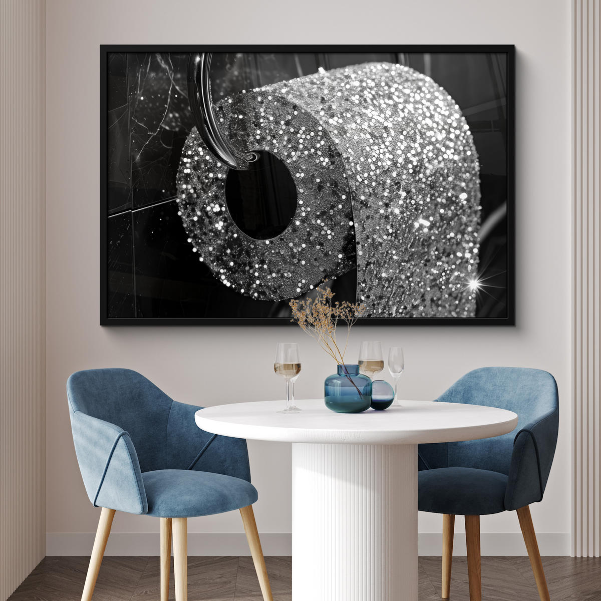 ZARÁMOVANÝ PLAGÁT WC - toaletný papier - čiernobiely - trblietky 120x80 cm - strieborná, papier (120/80cm) - MuchoWow