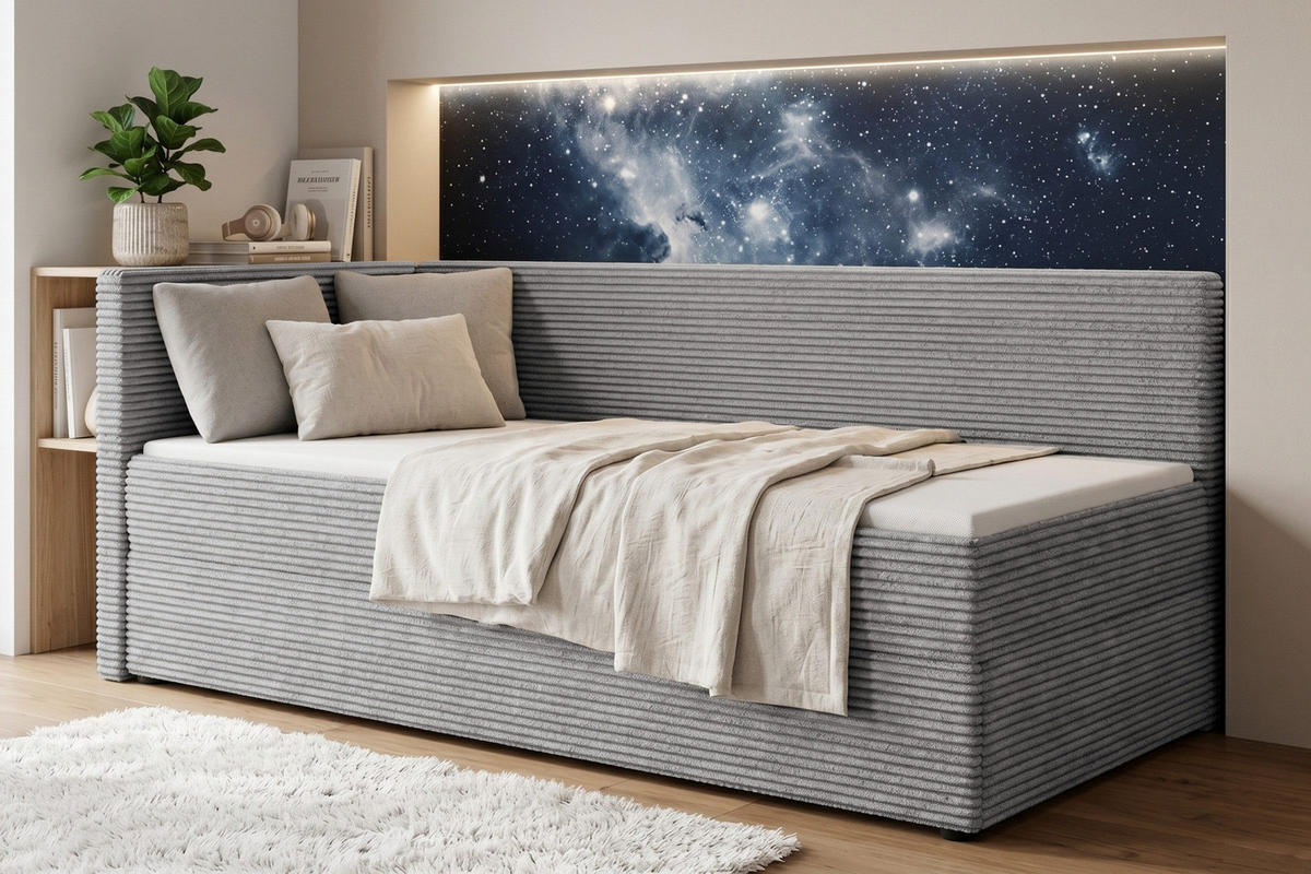 BOXBETT ROBERTO 100/200 in Cord Hellgrau H4 links - Hellgrau, Holz/Holzwerkstoff (100/200cm) - Deine Möbel 24