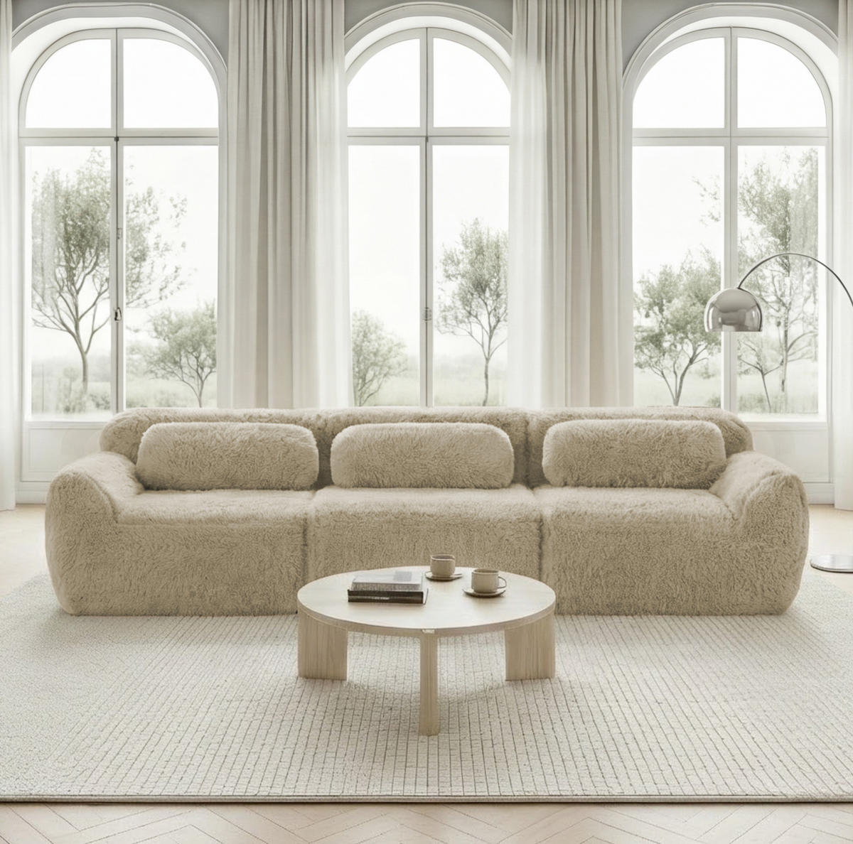 ECKSOFA modular mit rutschfester Basis Plüsch Hellkhaki - Beige, Kunststoff (104/73/291cm) - Meubliv